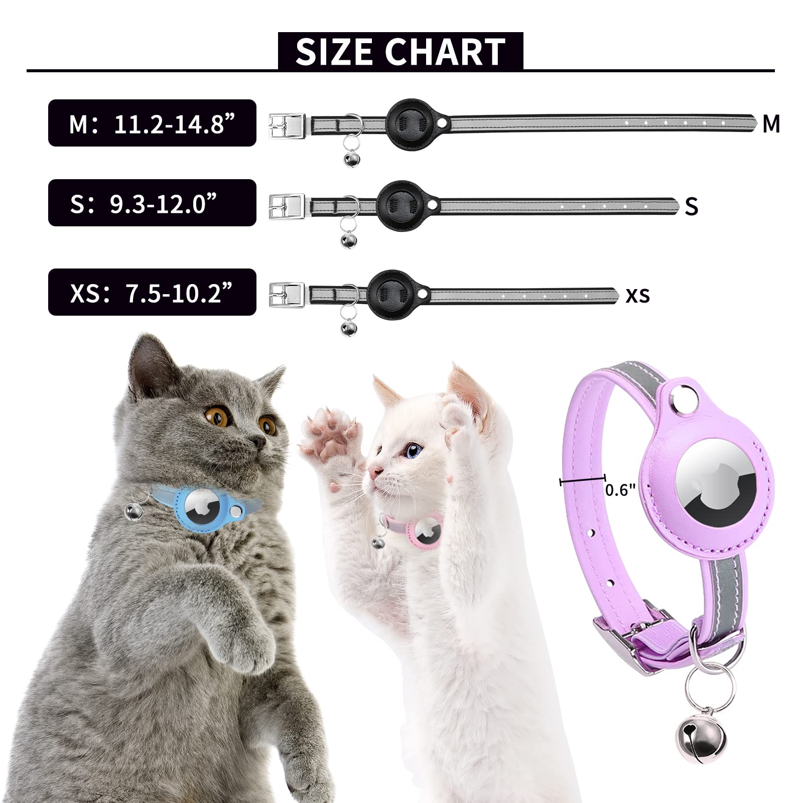 GPS Cat Collar with Bell & Reflective Strip - Leather Pet Tracker Collar for Cats (Blue, XS 7.5-10.2