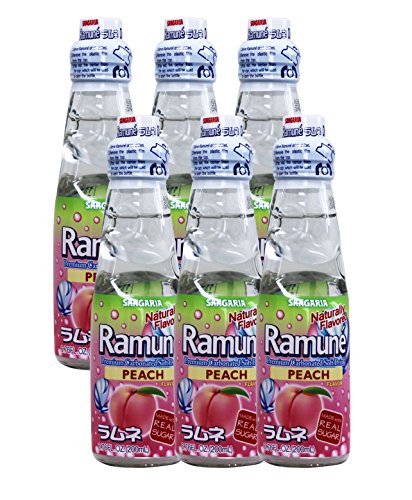 Sangaria Ramune Japanese Soda - Peach Flavor, 6.76oz (6-Pack) | Refreshing Carbonated Drink for Parties, BBQs & Asian Cuisine Pairing
