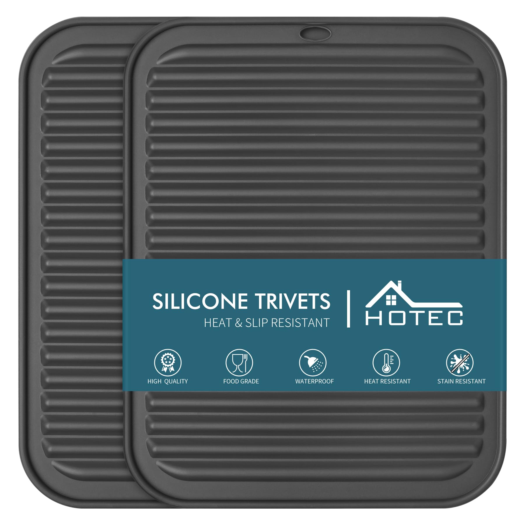 HOTEC Silicone Trivets for Hot Pots and Pans - Heat Resistant Kitchen Counter Protector & Dish Drying Mat Set of 2 (Dark Grey) - Perfect for Dining Table, Stovetop, and Countertop Protection