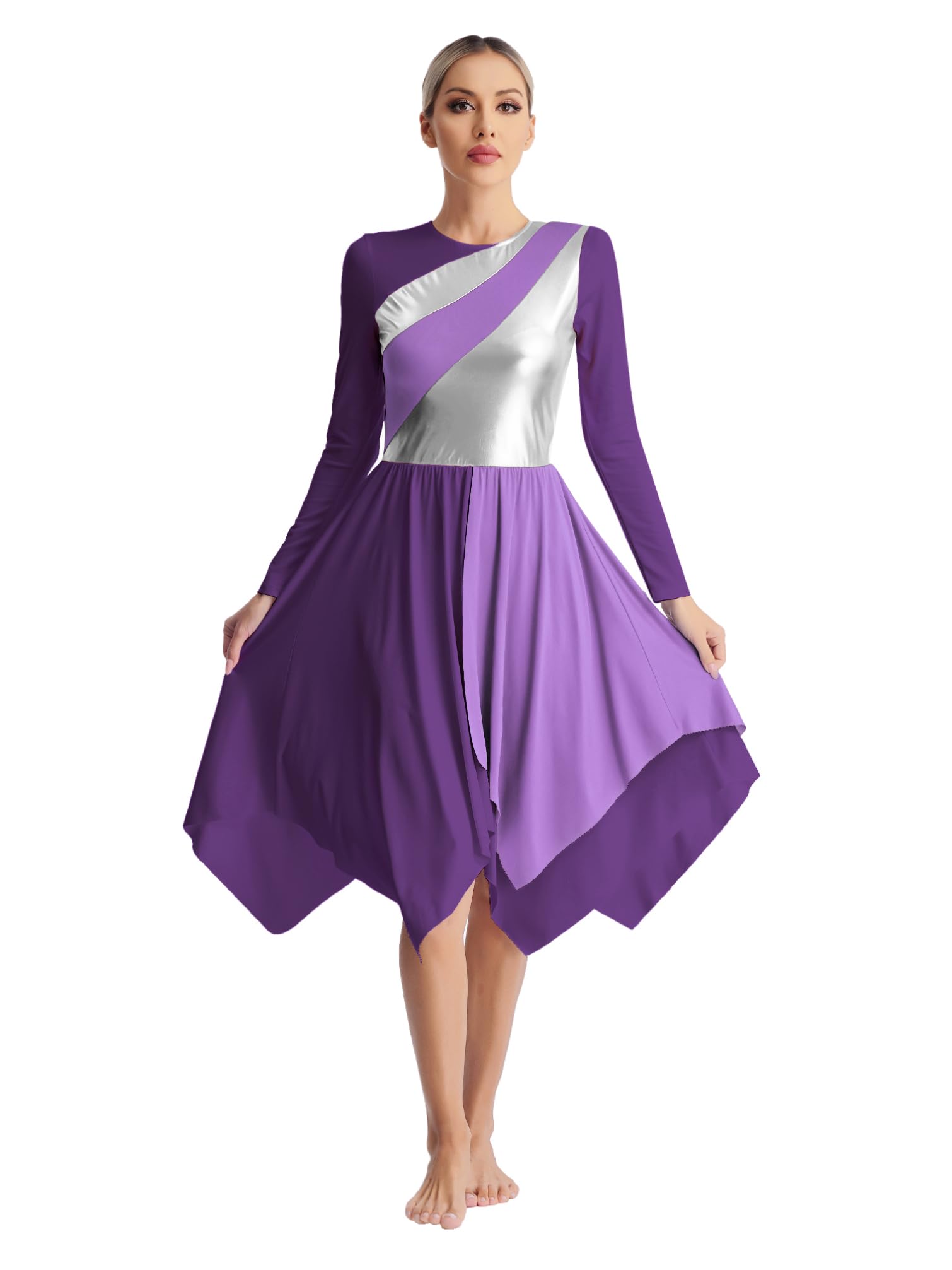 Women's Metallic Long Sleeve Praise Dance Dresses - Color Block Liturgical Dancewear & Lyrical Worship Tunics for Church Performances & Spiritual Events