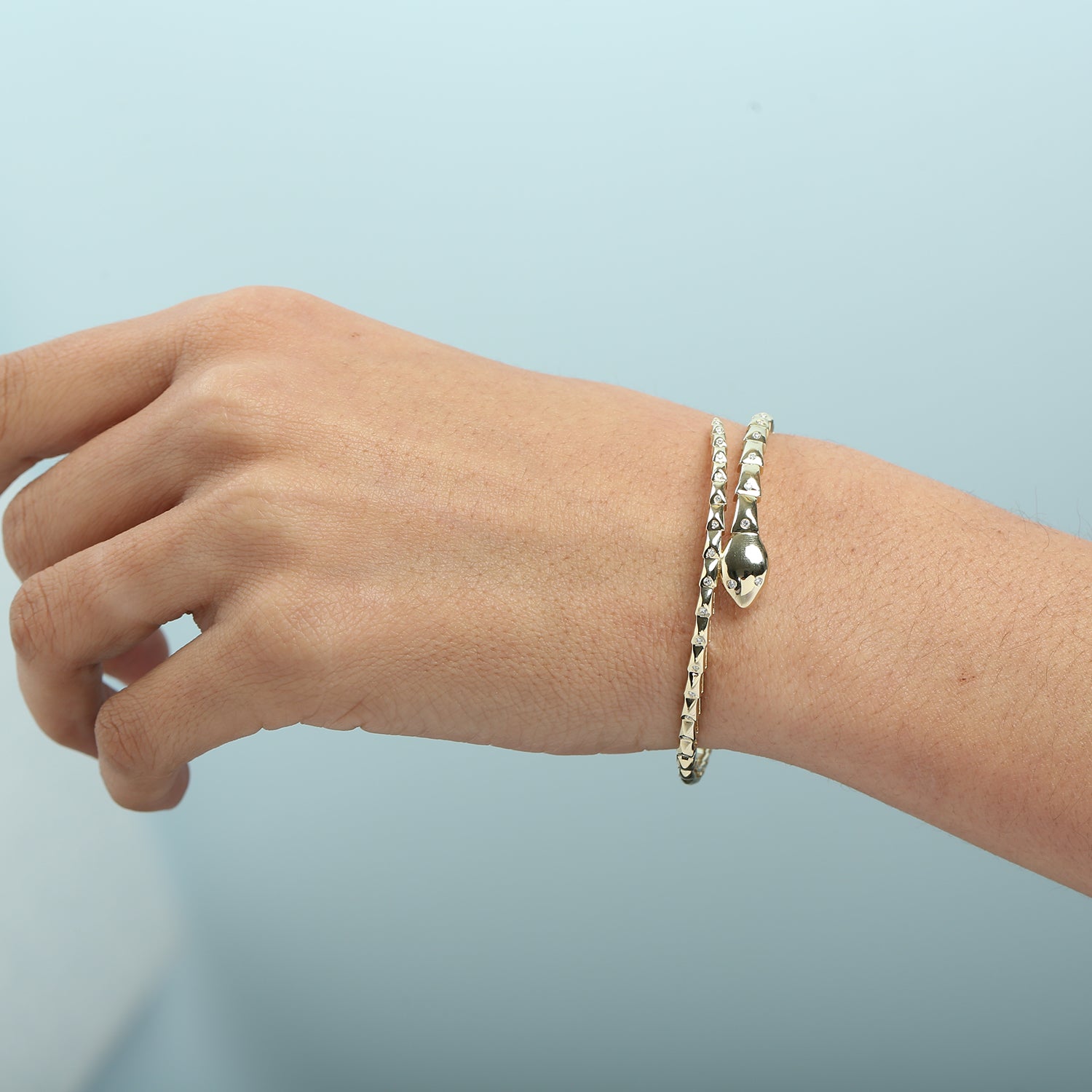 14K Yellow Gold Bezel Set Diamond Carved Snake Design Bangle Bracelet for Women - Elegant Jewelry Gift for Birthday, Anniversary & Special Occasions