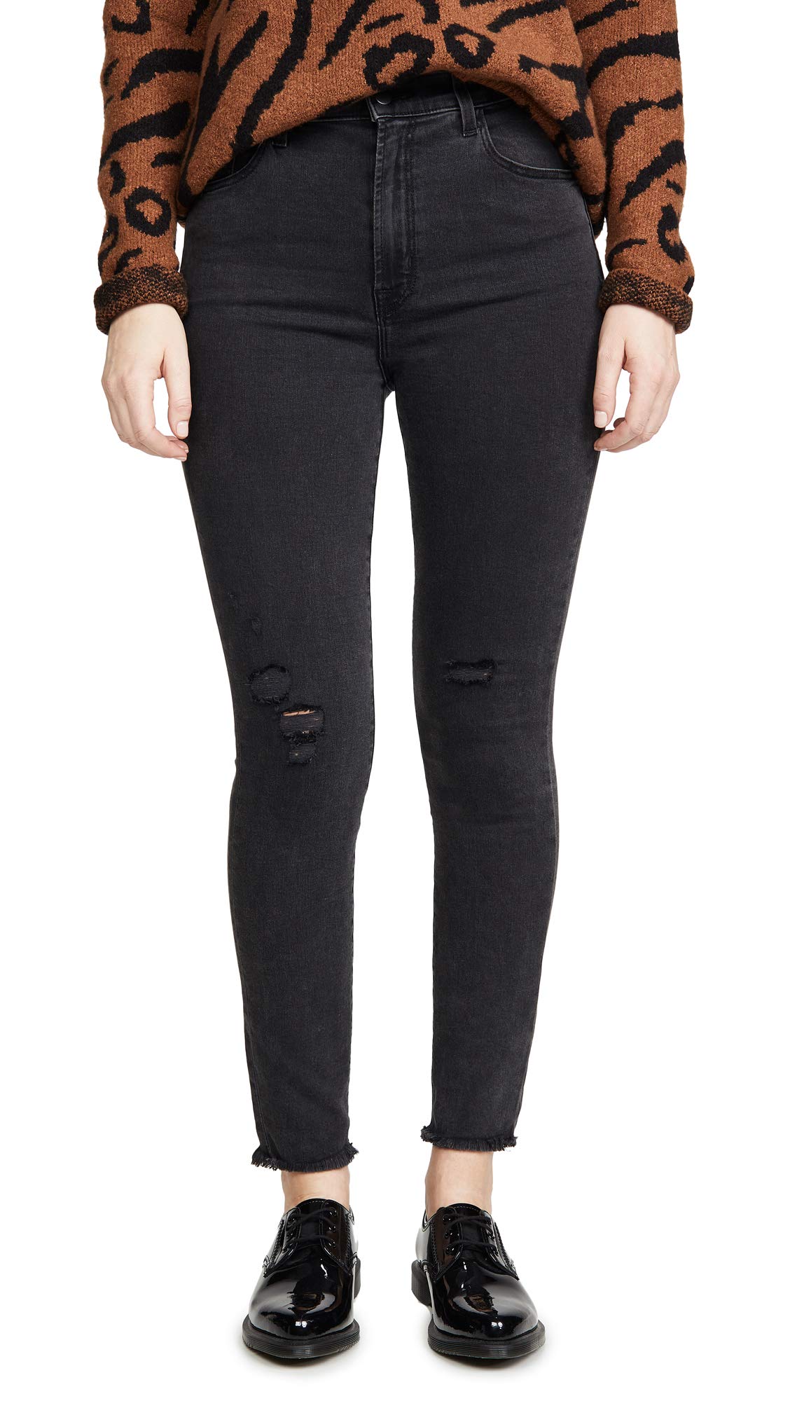 J Brand Women's High-Rise Ankle Skinny Jeans - Destroyed Raw Hem Denim Pants for Casual Wear & Street Style Fashion