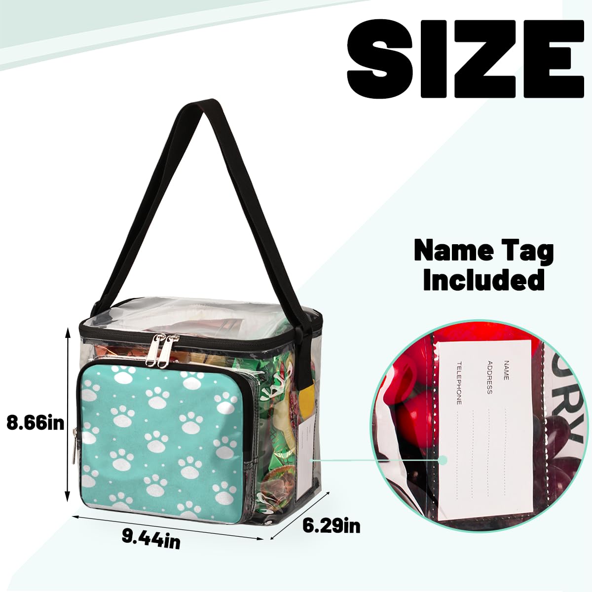 Cute White Paw Print Clear Tote Bag with Handles - Transparent Crossbody Shoulder Bag for Lunch, Outdoor, Travel, Picnic, Concerts & Sports Events | Stadium Approved Multipurpose Purse for Women & Girls