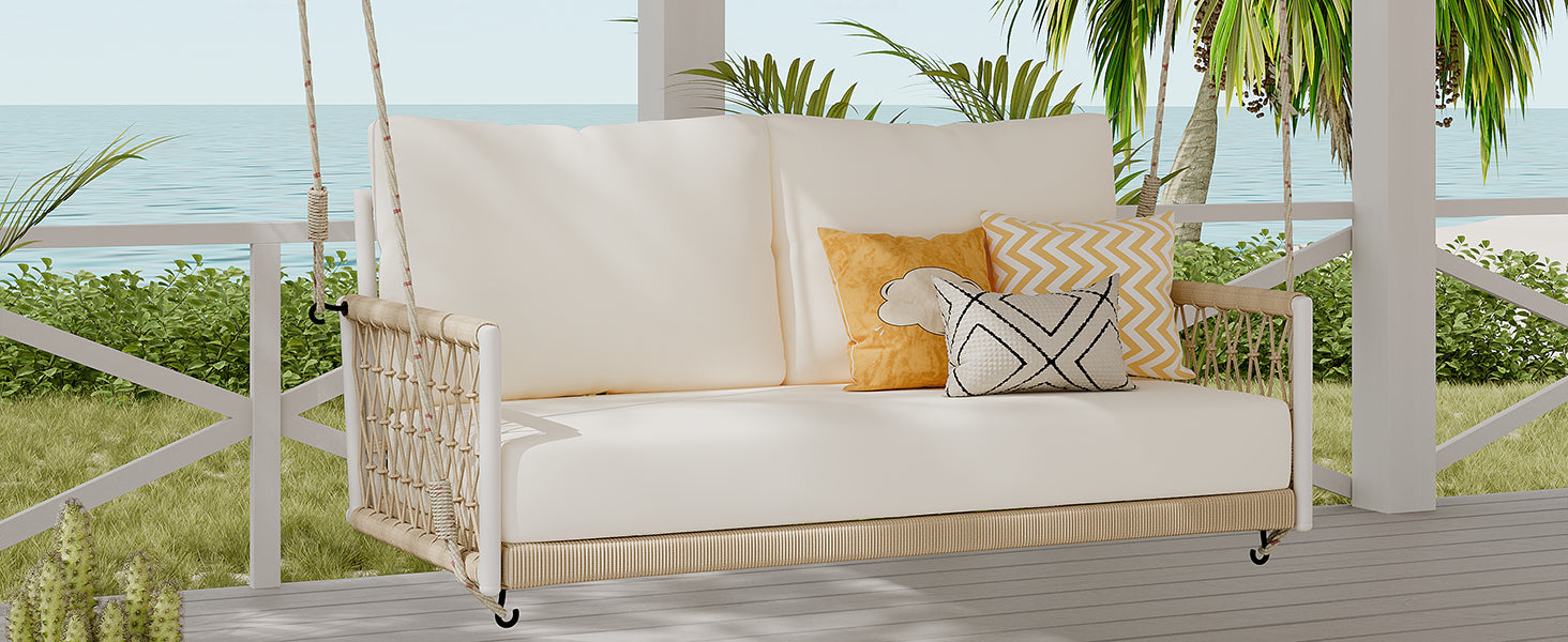 1 Piece Woven Rope Outdoor Swing Sofa with Soft Cushions - Seats 2 People - Perfect for Patio, Garden, Backyard, Balcony & Poolside Relaxation (Beige)