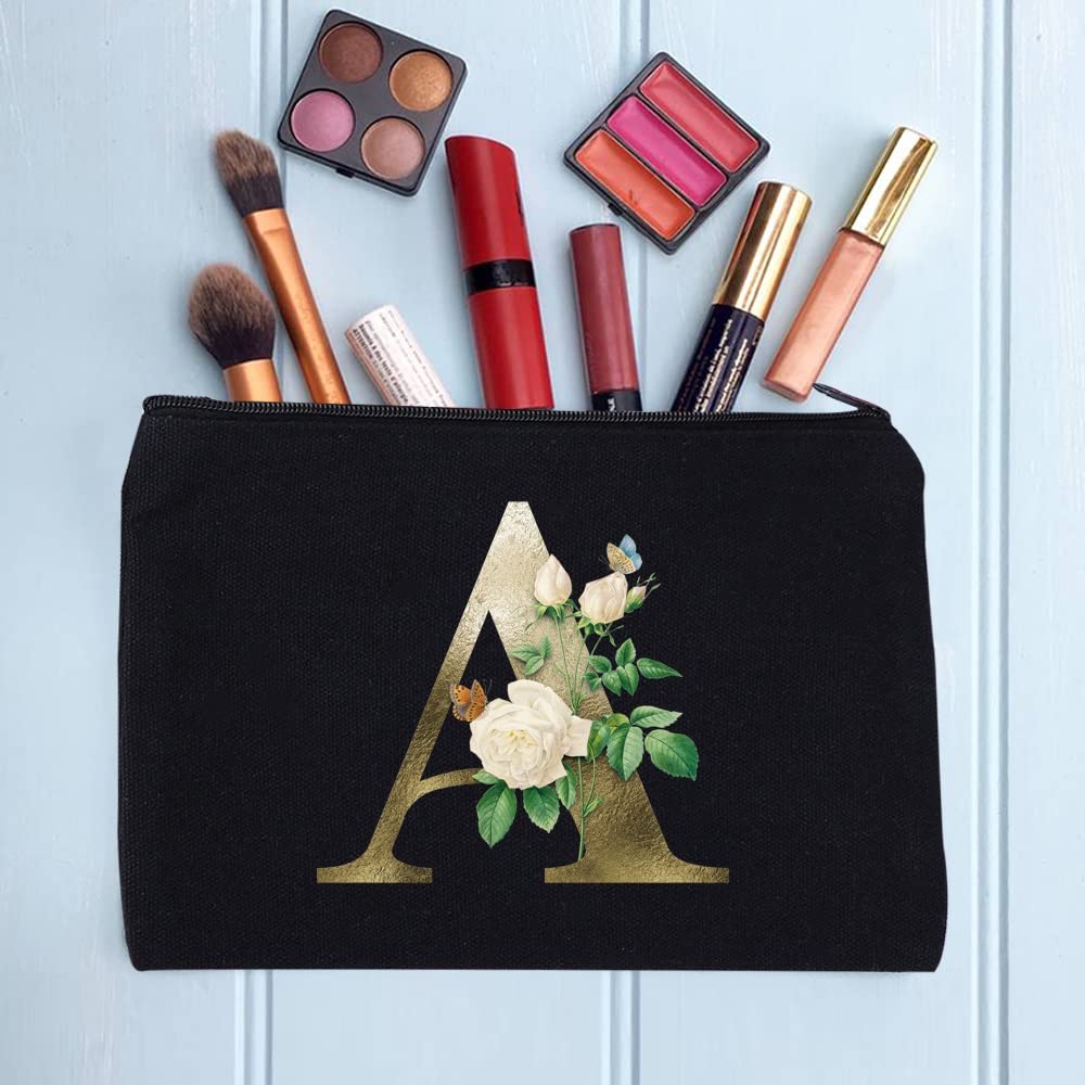 26 Letter Printed Zip Canvas Pouch Makeup Bag - Waterproof Cosmetic Travel Organizer for Women, Bridesmaid Toiletry Bag, Pencil Case, Wash Bag & Coin Purse (Golden Flower A) - Perfect for Travel, Gym, Bridal Party & Daily Essentials Storage