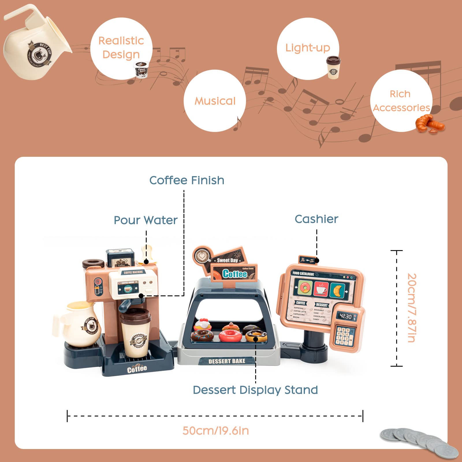 Jomifin Pretend Play Coffee Shop Set for Kids - 41Pcs Classic Edition with Coffee Maker Machine & Fake Donuts - Educational Role Play Toy for Boys & Girls - Perfect for Birthday Gifts & Preschool Learning Activities