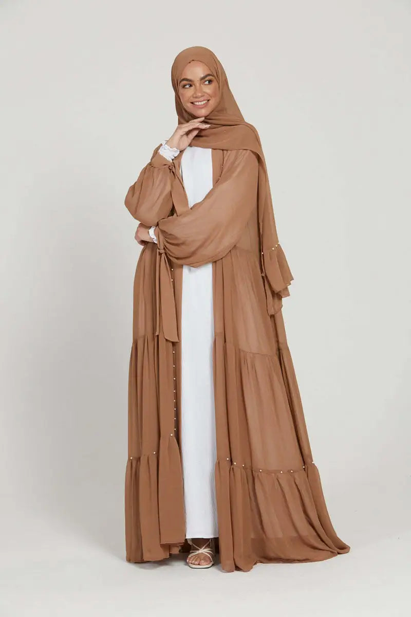 Elegant Muslim Women's Chiffon Beaded Open Abaya Dress - Modest Islamic Prayer Dress for Mosque, Eid & Special Occasions