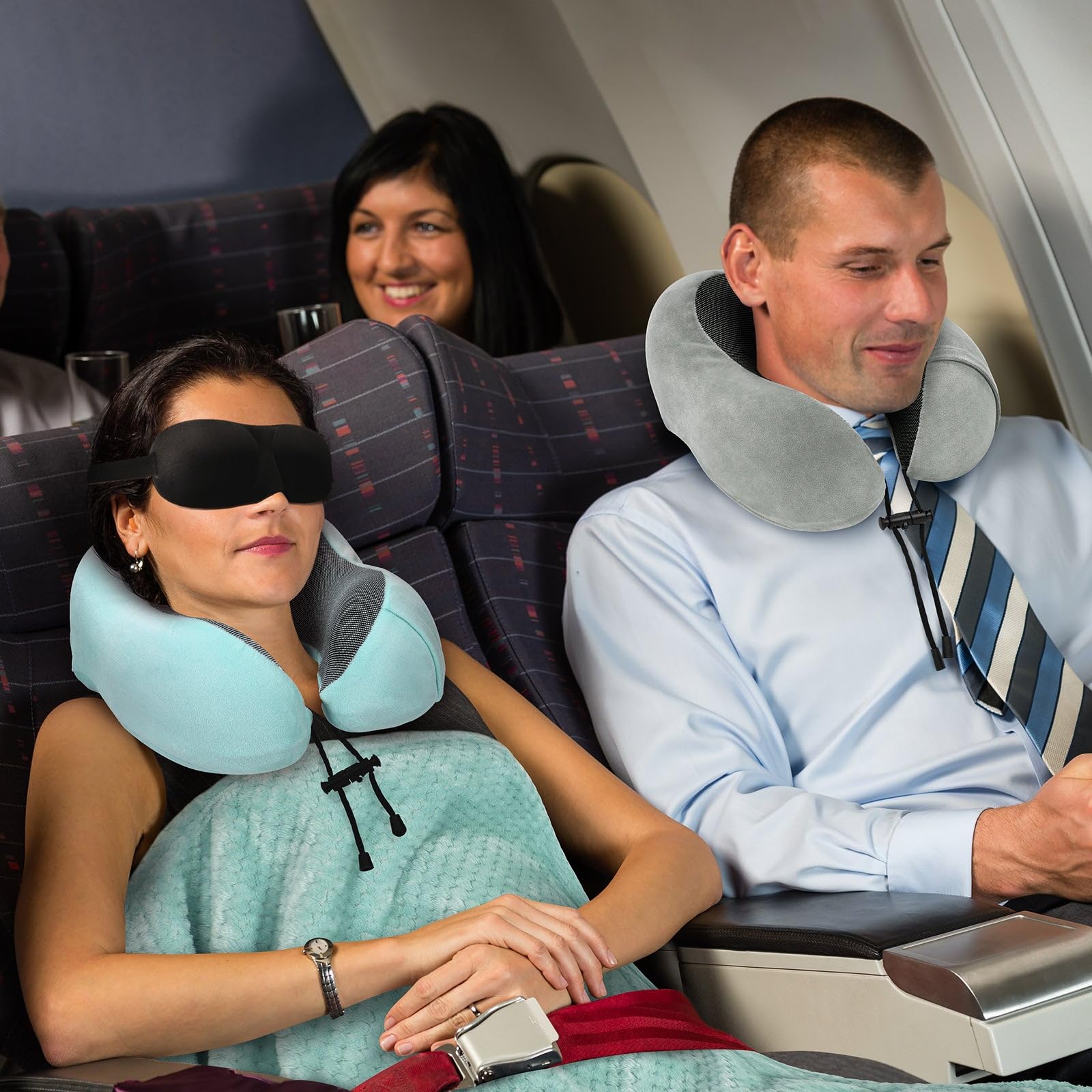 Memory Foam Travel Pillow and Blanket Set - Compact Neck Pillow for Airplane, Car & Office - Includes Carry Bag (Blue & Green) | Perfect for Long Flights, Road Trips & Business Travel
