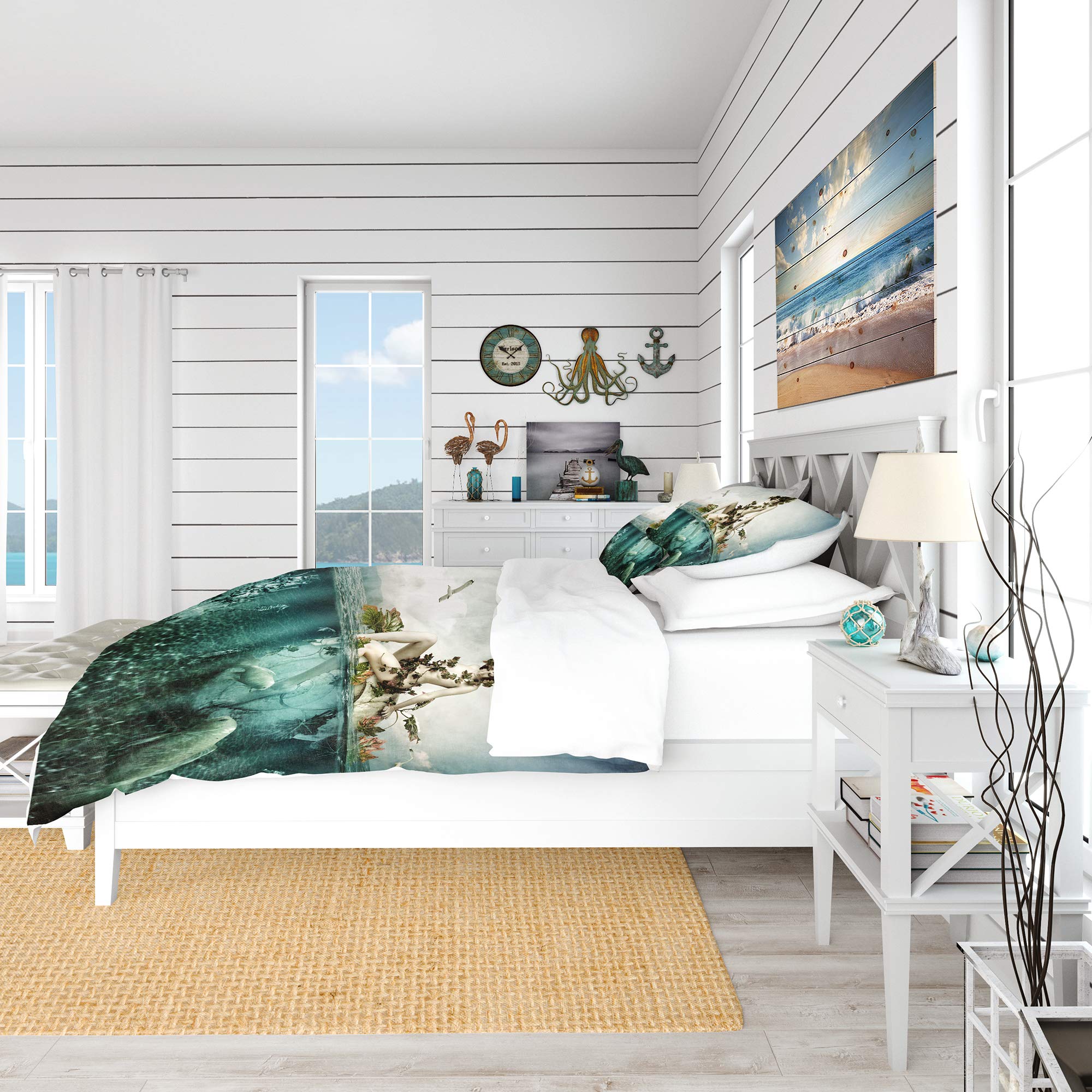 DesignQ Woman of The Sea Traditional Blue Duvet Cover Set King Size - 3 Piece Romantic Bedding Set for All Seasons | Perfect for Coastal Themed Bedrooms & Guest Room Decor