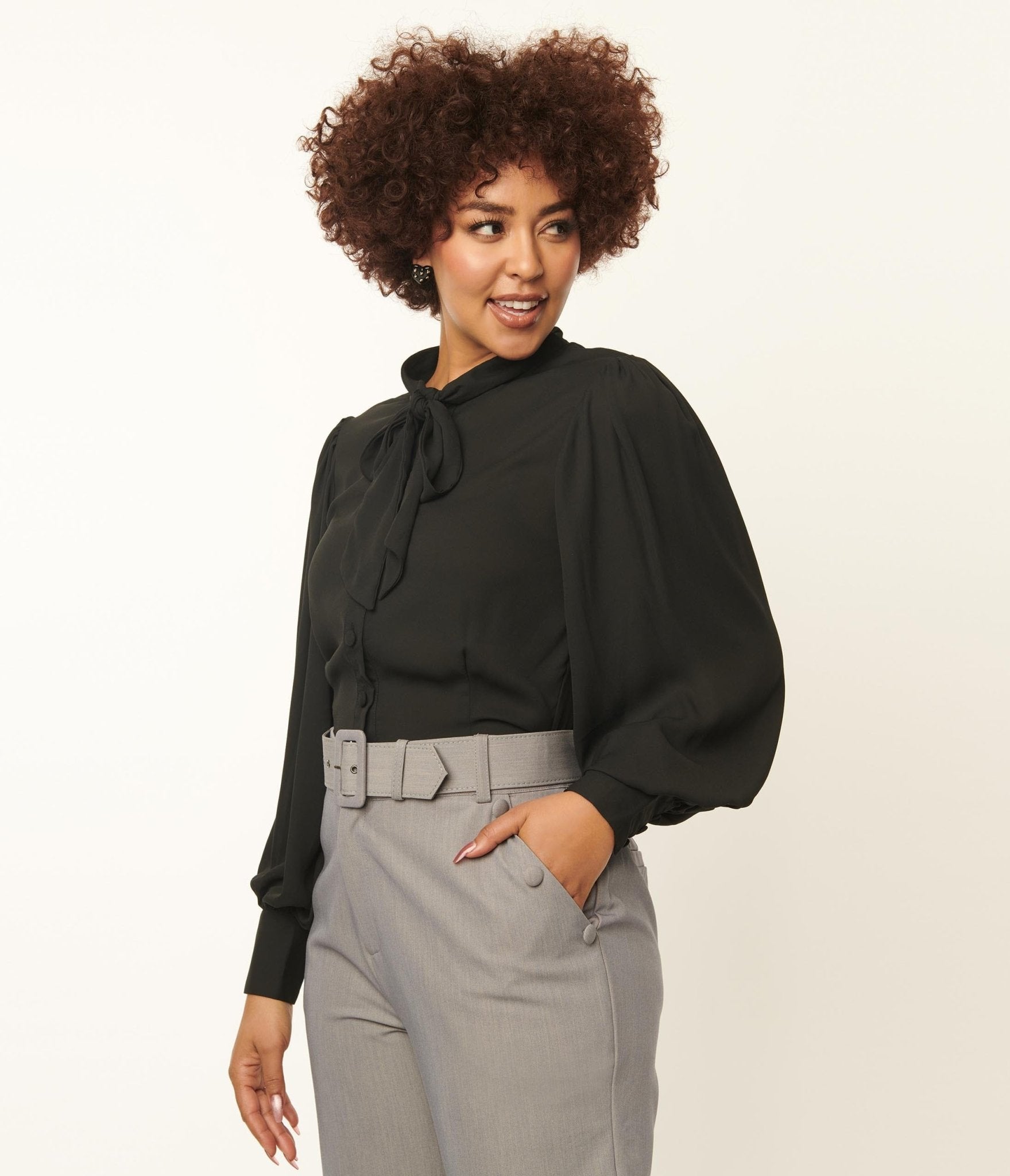 Unique Vintage 1940s Black Neck Tie Gwen Blouse - Retro 40s Style Women's Top for Office, Cocktail Parties & Vintage Fashion Lovers