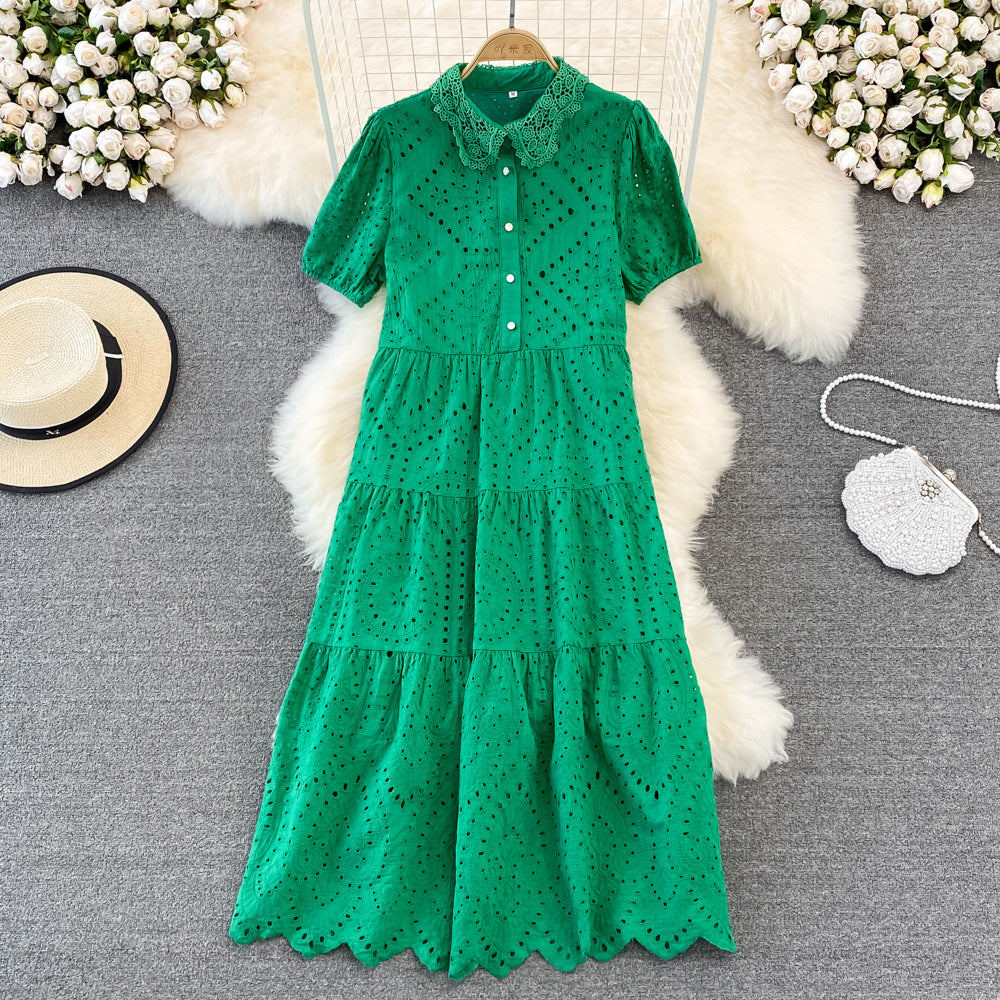 2022 Summer Women's Elegant Hollow Puff Sleeve Long Dress with Doll Collar - Perfect for Beach Vacations, Garden Parties & Romantic Dates