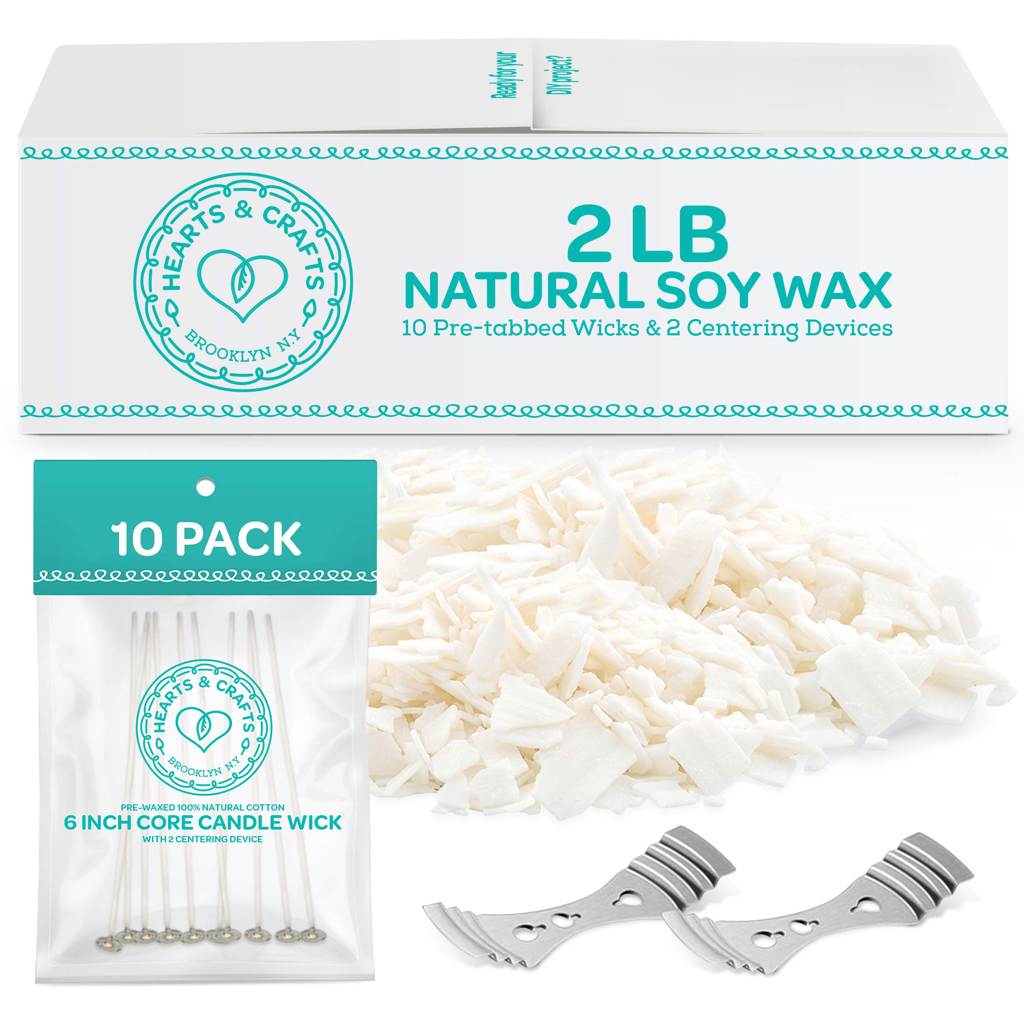 Hearts & Crafts Natural Soy Candle Wax Kit - 2 lbs Premium Soy Wax Flakes, 10 Pre-Waxed 6-Inch Wicks & 2 Metal Centering Tools for DIY Candle Making - Perfect for Home Decor, Gifts & Aromatherapy