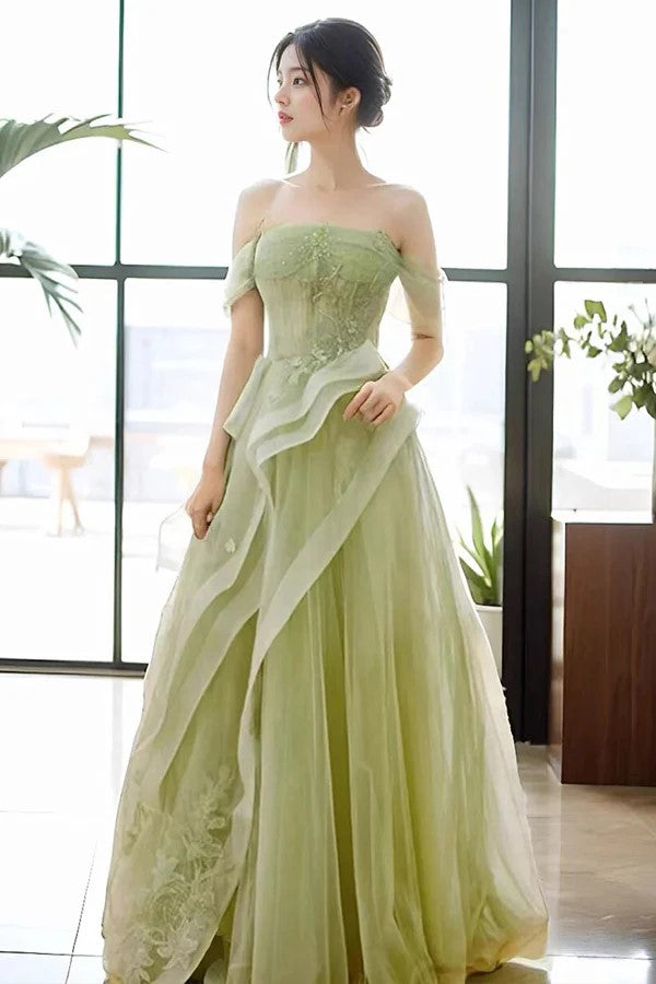 Elegant A-Line Off Shoulder Green Prom Dress with Corset - Perfect for Homecoming, Parties & Formal Events | Style TP1421