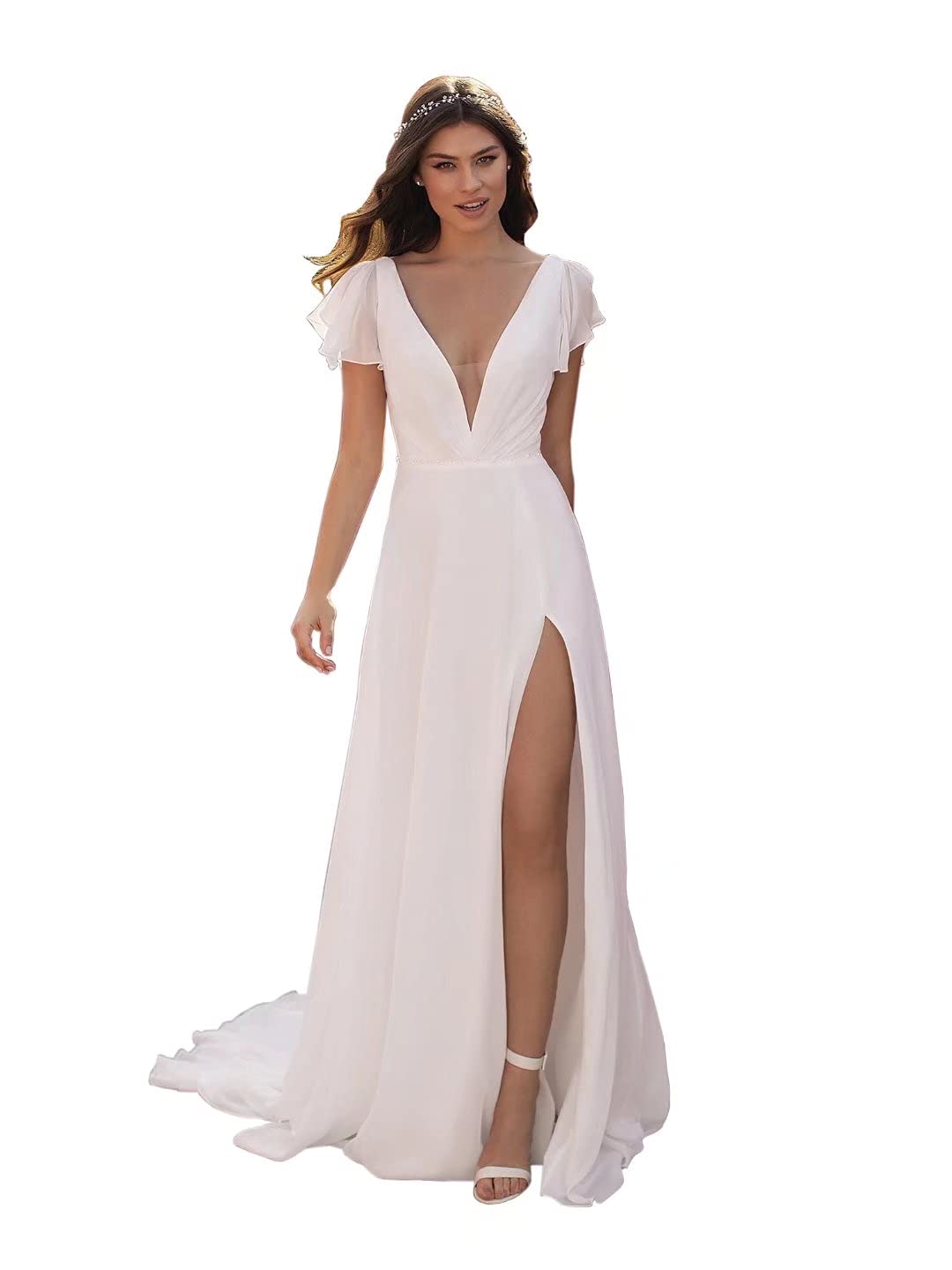 Elegant Mermaid Wedding Dress Satin Sweep Train V-Neck Backless Beach Bridal Gown - Perfect for Beach Weddings, Destination Ceremonies and Romantic Photoshoots