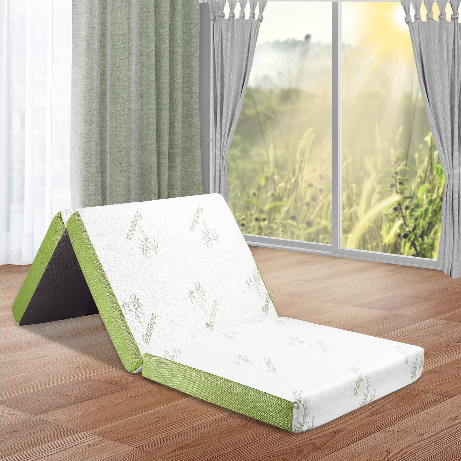 4 Inch Tri-Fold Queen Memory Foam Mattress in a Box - Washable Cover & Non-Slip Bottom - Portable Floor Mattress for Guest Room, Camping, Travel & Home Use