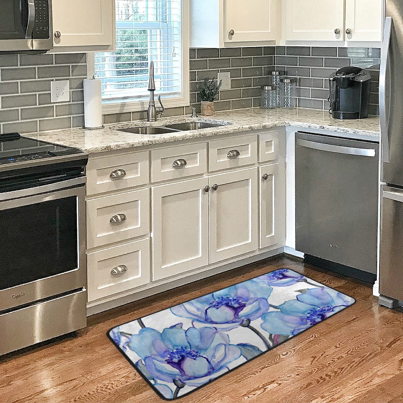 Spring Floral Kitchen Rugs - Soft Non-Slip Floor Mats with Blue Flower Pattern (39x20 Inch) - Waterproof Bath Rug, Runner & Doormat for Kitchen, Bathroom & Entryway Decor