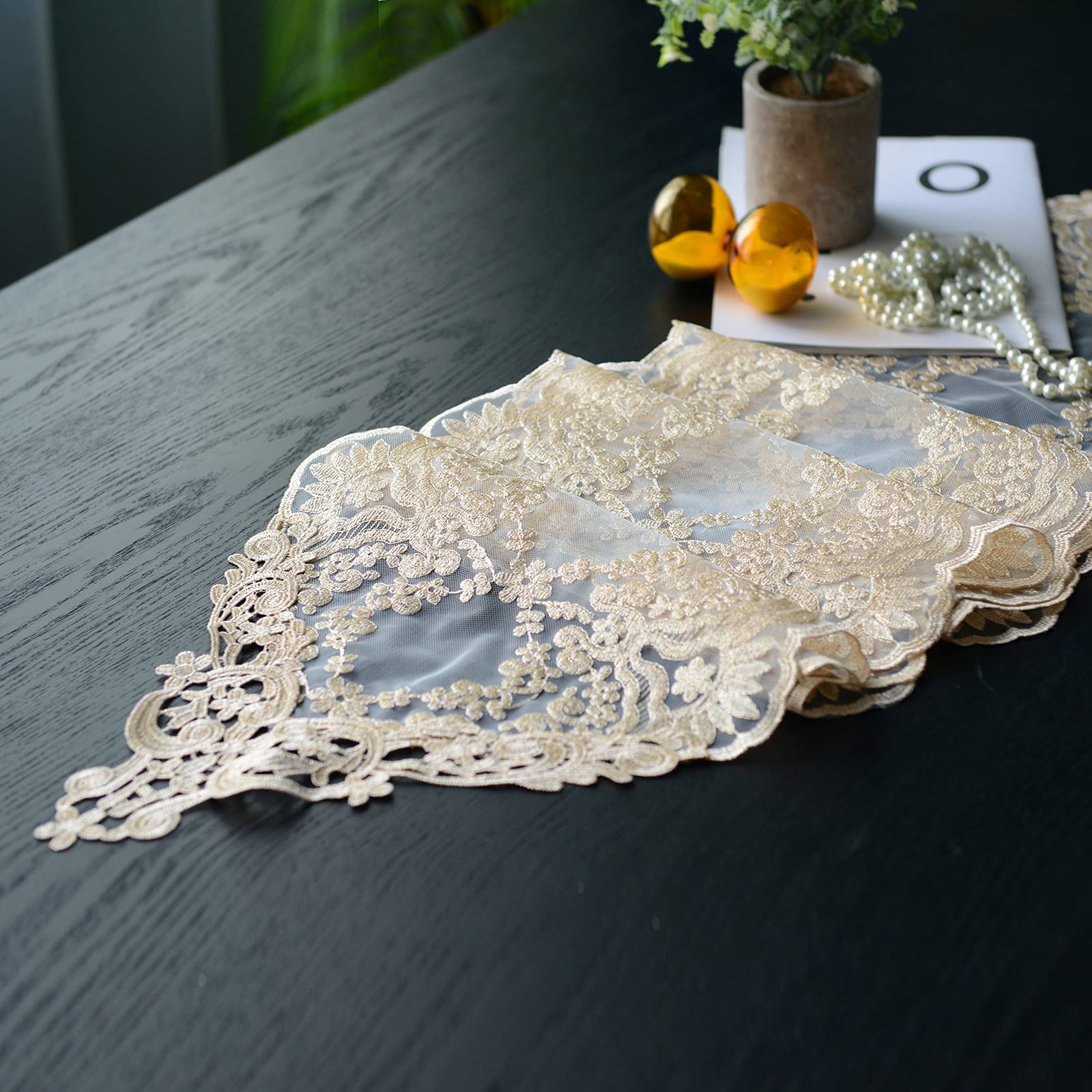 SUTAVIA Embroidered Lace Table Runner for Dining, Wedding & Home Decor (Gold, 12