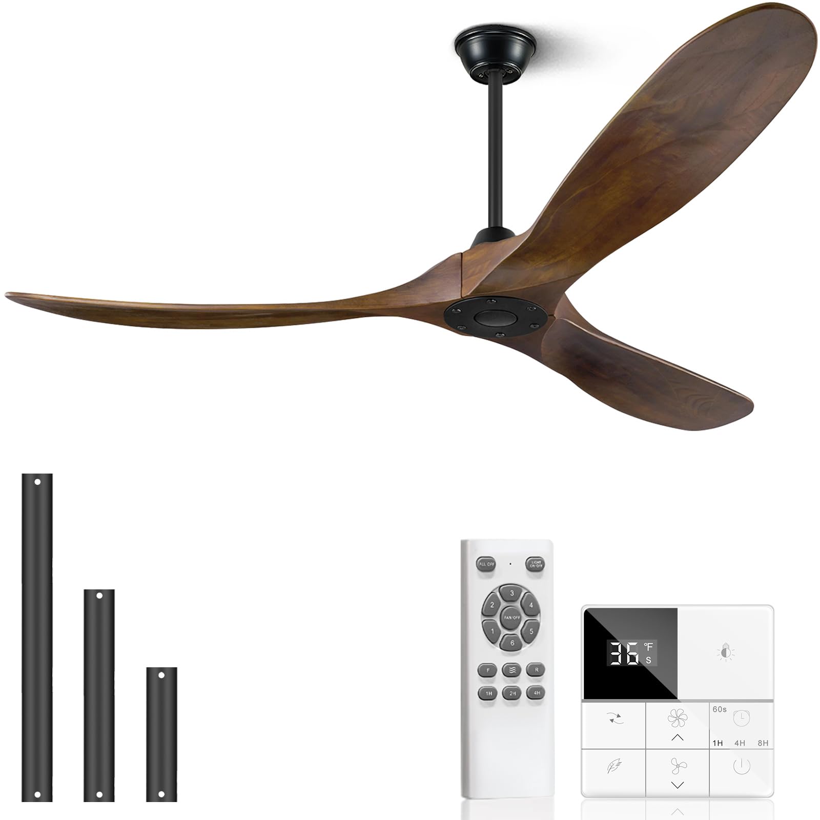 72 Inch Large Ceiling Fan without Lights - Solid Wood 3 Blade Indoor/Outdoor Ceiling Fan with Remote & Wall Control - ETL Listed Deep Walnut - Perfect for Patios, Living Rooms & Bedrooms