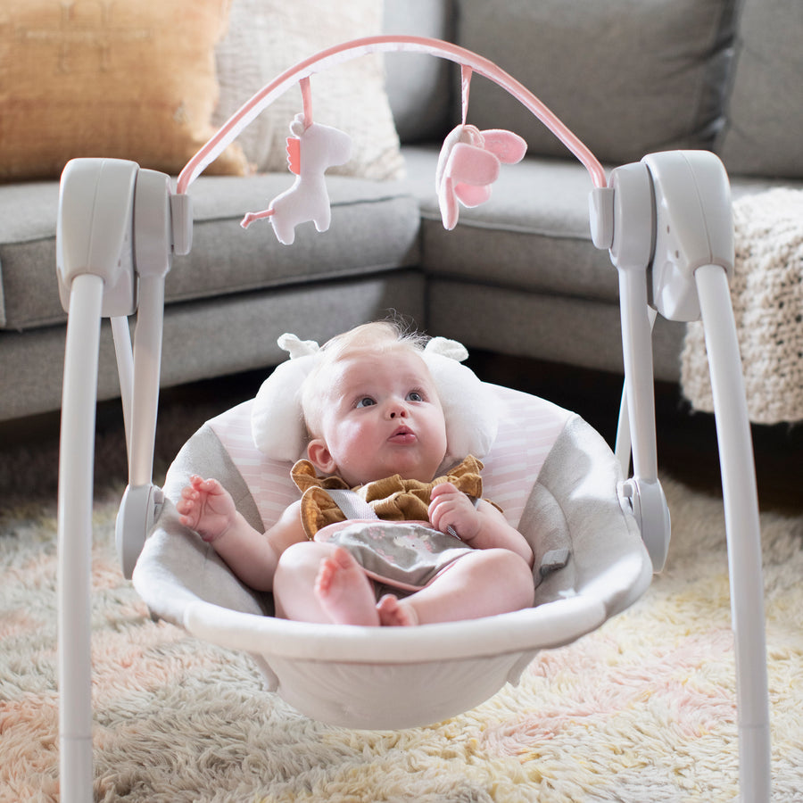 Ingenuity Comfort 2 Go Portable Baby Swing - Lightweight, Foldable Infant Swing with Soothing Vibrations & Music - Perfect for Travel, Nursery, and On-the-Go Parenting