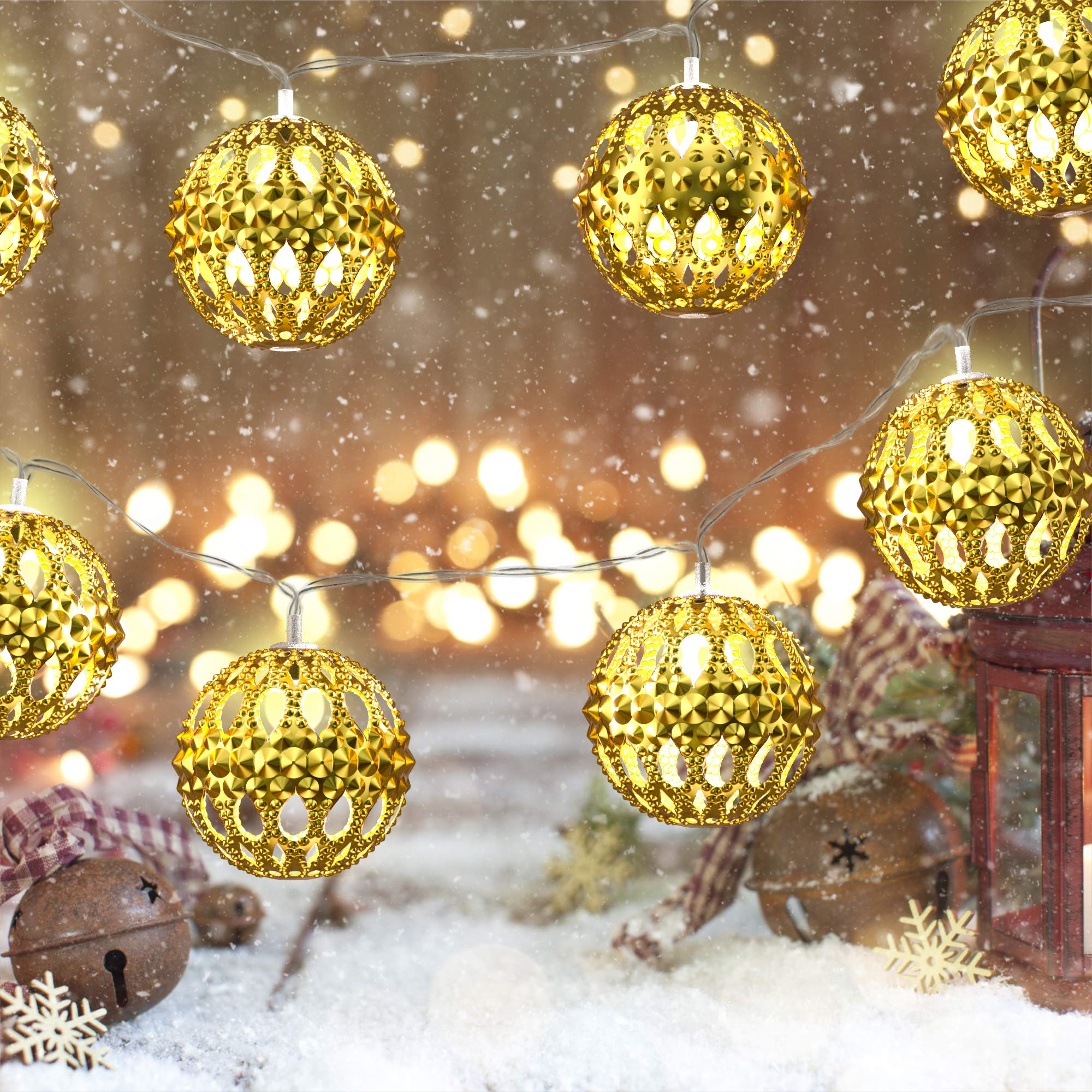 Gideon 20 LED Solar Powered Hollow Metal Ball Fairy Lights - Waterproof Holiday & Christmas String Lights for Indoor Outdoor Decor, Garden, Patio, Wedding, Party