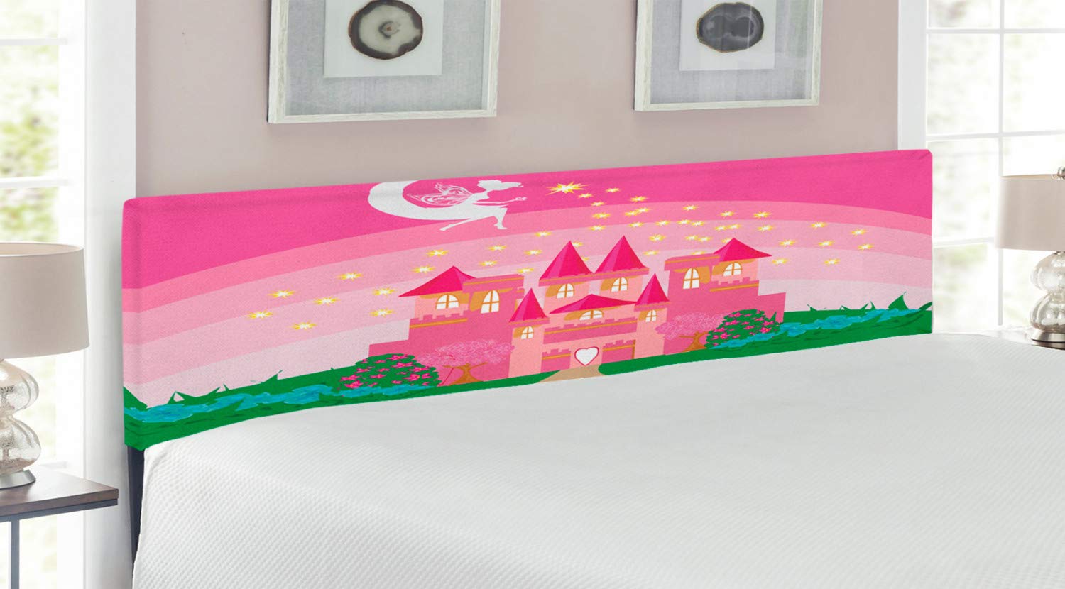 Ambesonne King Size Upholstered Metal Headboard with Memory Foam - Fantasy Pixie Sky & Dream Kingdom Design in Green & Pink | Perfect for Bedroom Decor, Guest Rooms & Fairy Tale Themed Spaces