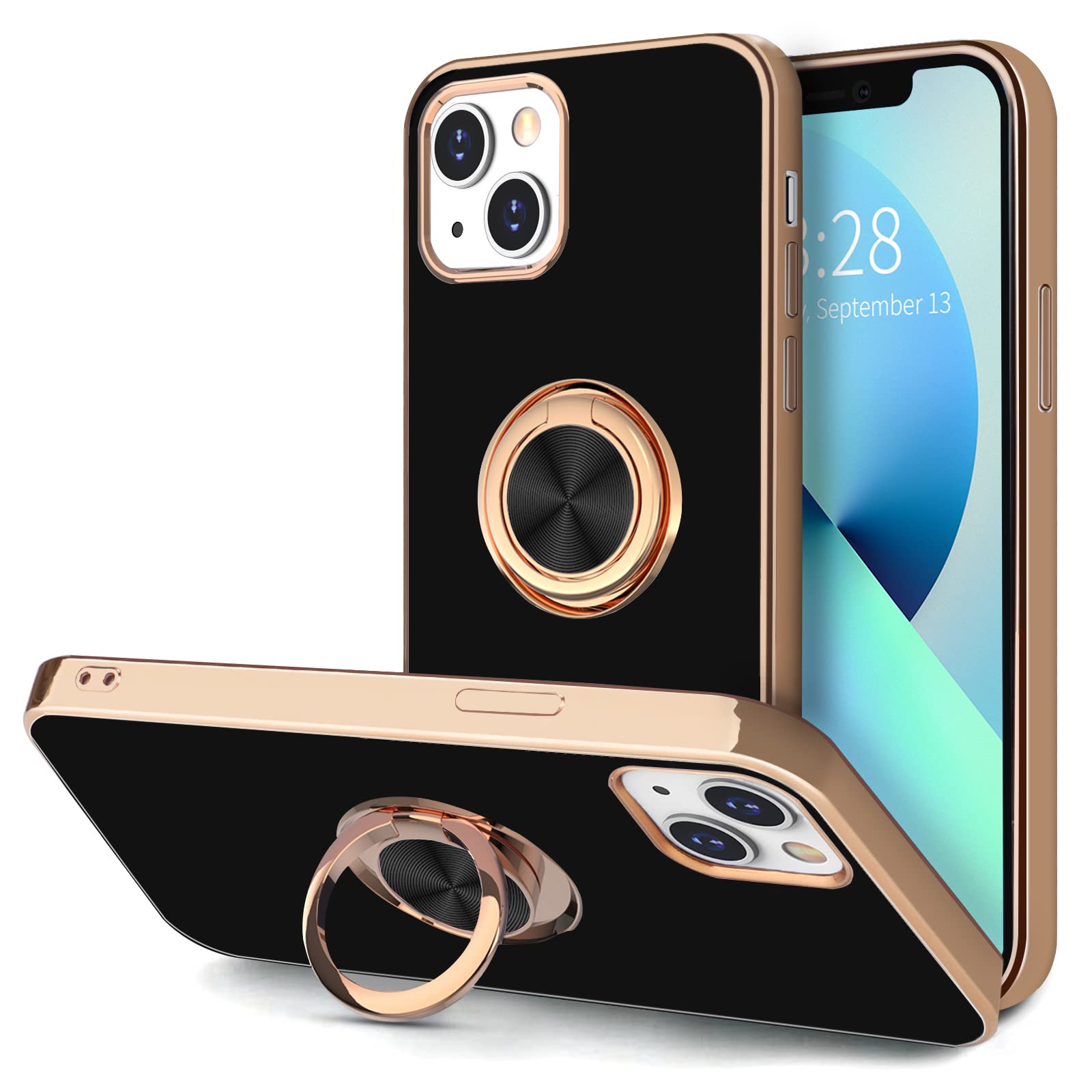 Premium Magnetic Phone Case for iPhone 13 - 360° Rotatable Ring Stand & Car Mount Compatible | Slim Flexible TPU Cover with Rose Gold Plated Edges (Black) - Perfect for Hands-Free Viewing, Workouts & Travel