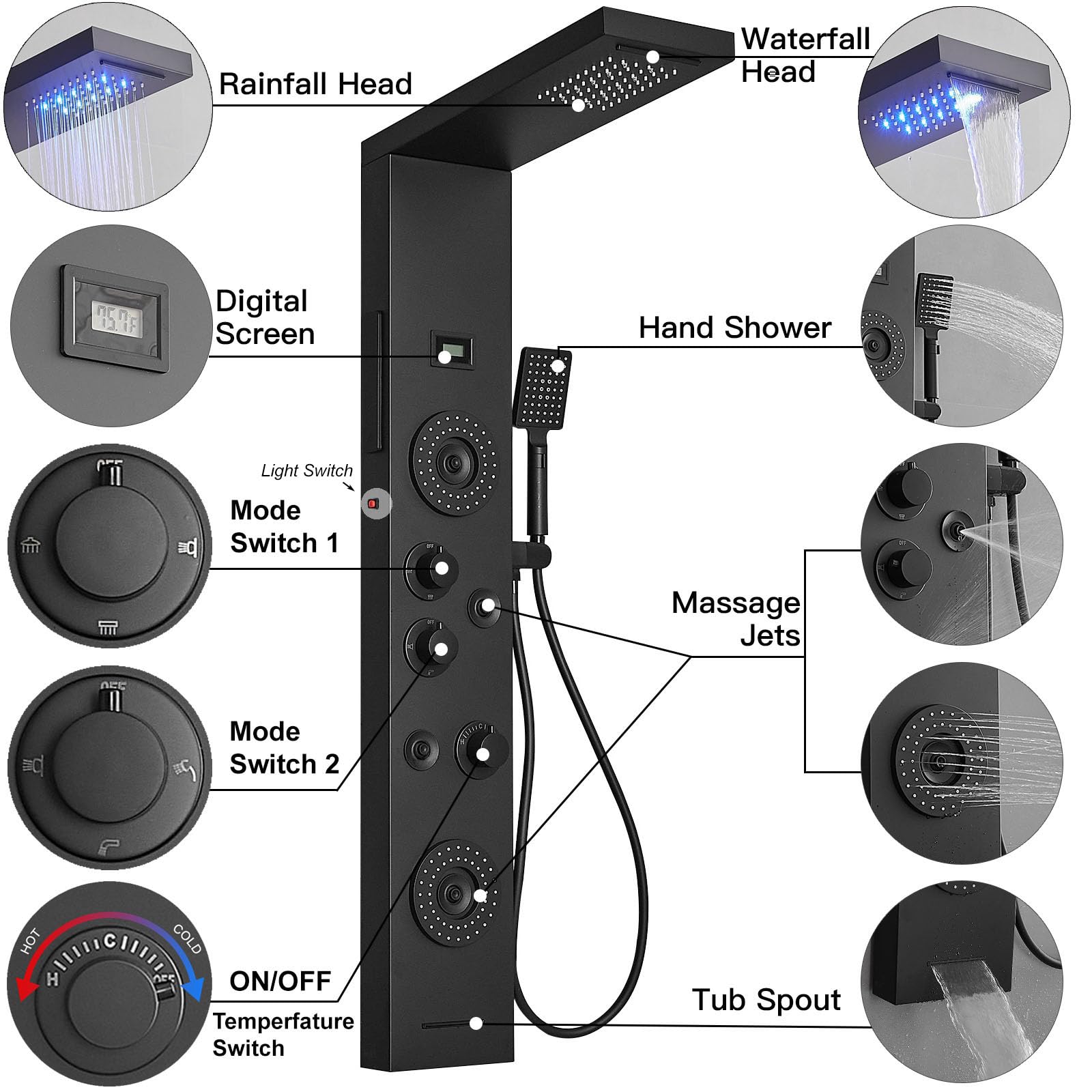 LED Rainfall Shower Panel System - 6 Function Wall Mounted Shower Tower with Handheld Spray, Body Jets & Temperature Display | Perfect for Spa-Like Bathroom Experience, Luxury Home Renovation & Relaxing Water Massage