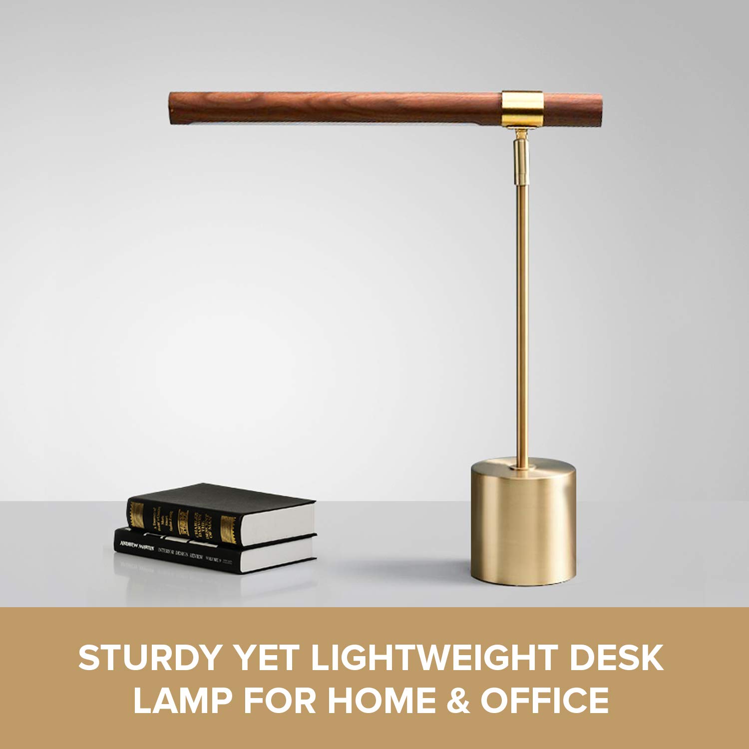 Modern Banker Slim LED Desk Lamp - Adjustable Wood & Brass Table Light for Home Office, Bedroom Nightstand - Mid Century Steampunk MCM Style Lighting for Reading, Working, Decor