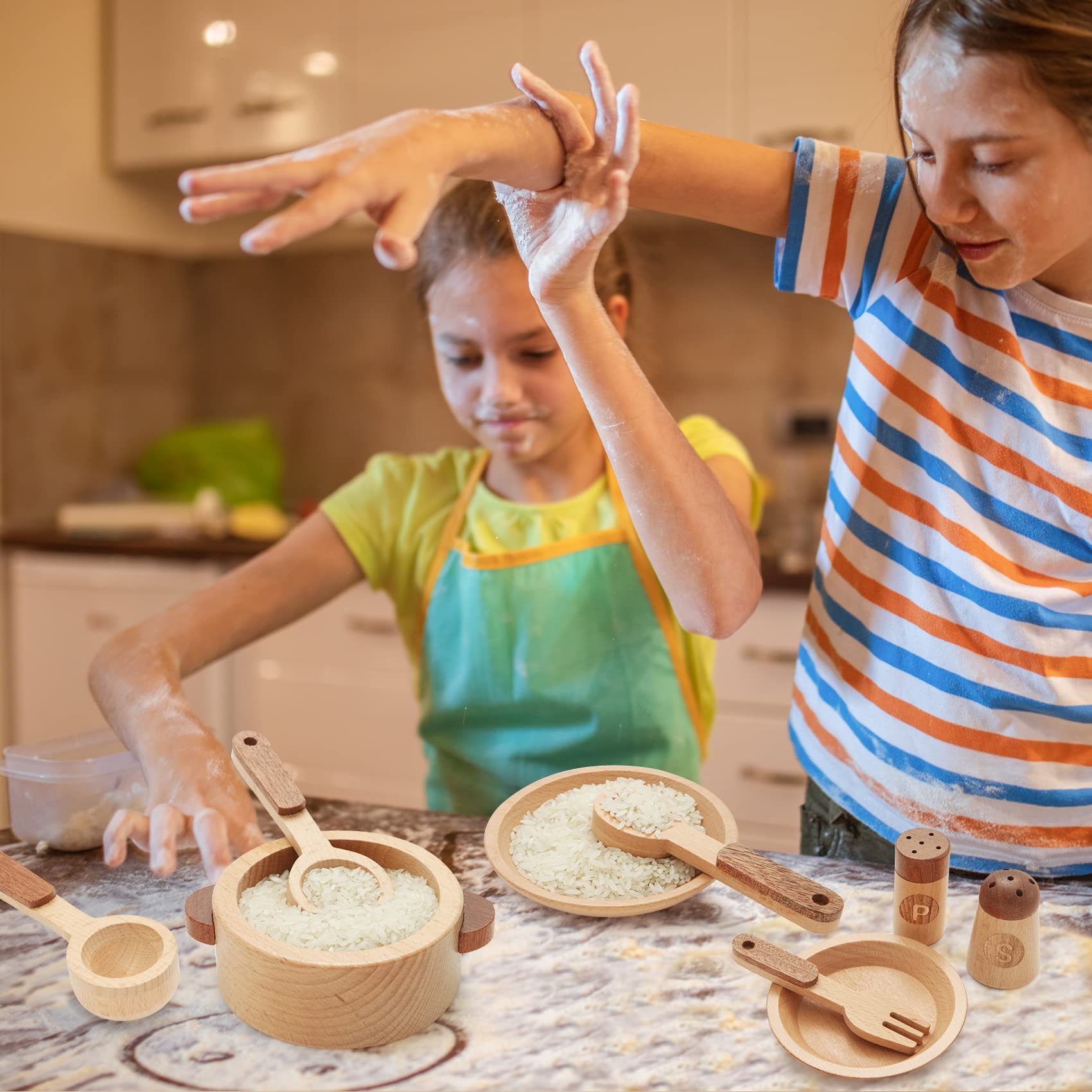 WHOHOLL Wooden Play Kitchen Set for Kids Ages 3-5 - Montessori Cooking Toys with Pots & Pans, Pretend Play Accessories for Toddlers - Perfect for Role Play, Birthday Gifts & Early Learning Development