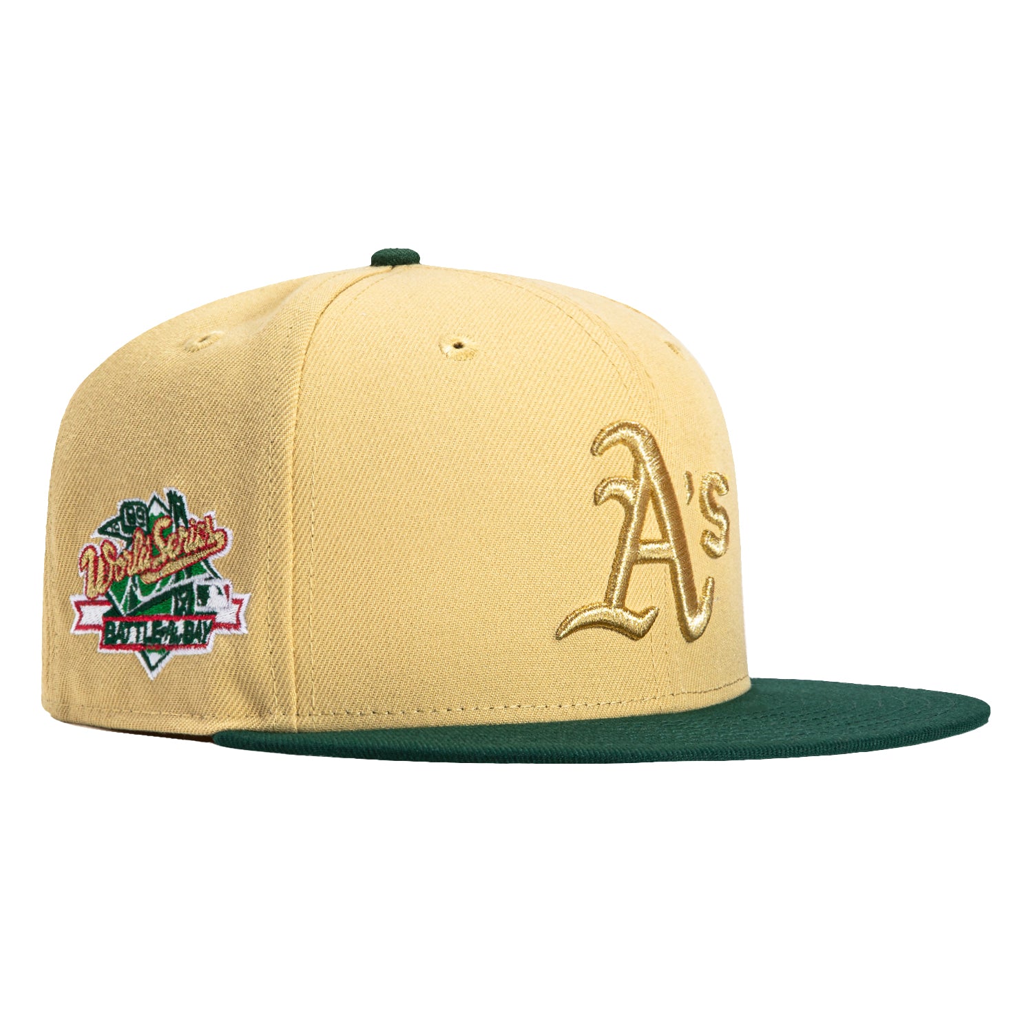New Era 59Fifty Oakland Athletics Battle of the Bay Patch Snapback Hat - Tan, Green & Metallic Gold - Official MLB Baseball Cap for Fans & Streetwear Fashion