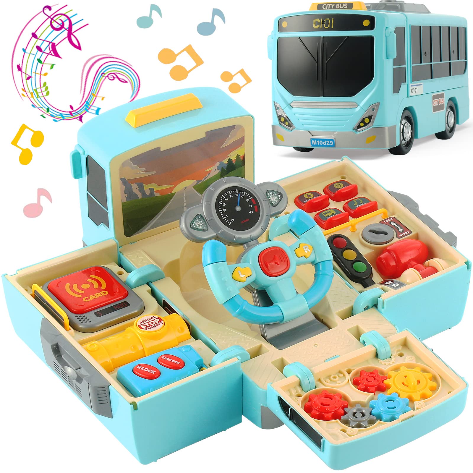 Interactive Kids Bus Toy with Sound, Lights & Music - Educational Steering Wheel Toy for Toddlers Ages 1-5 - Realistic Driving Simulation with Gears - Perfect Gift for Boys & Girls - Great for Pretend Play, Early Learning & Birthday Presents