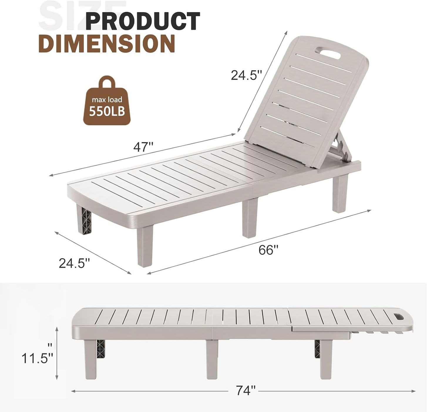 4-Pack Oversized Outdoor Chaise Lounge Chairs - 5-Level Adjustable Backrest, Waterproof Resin w/ Cup Holder - Perfect for Poolside, Beach, Patio & Backyard Relaxation (Gray)