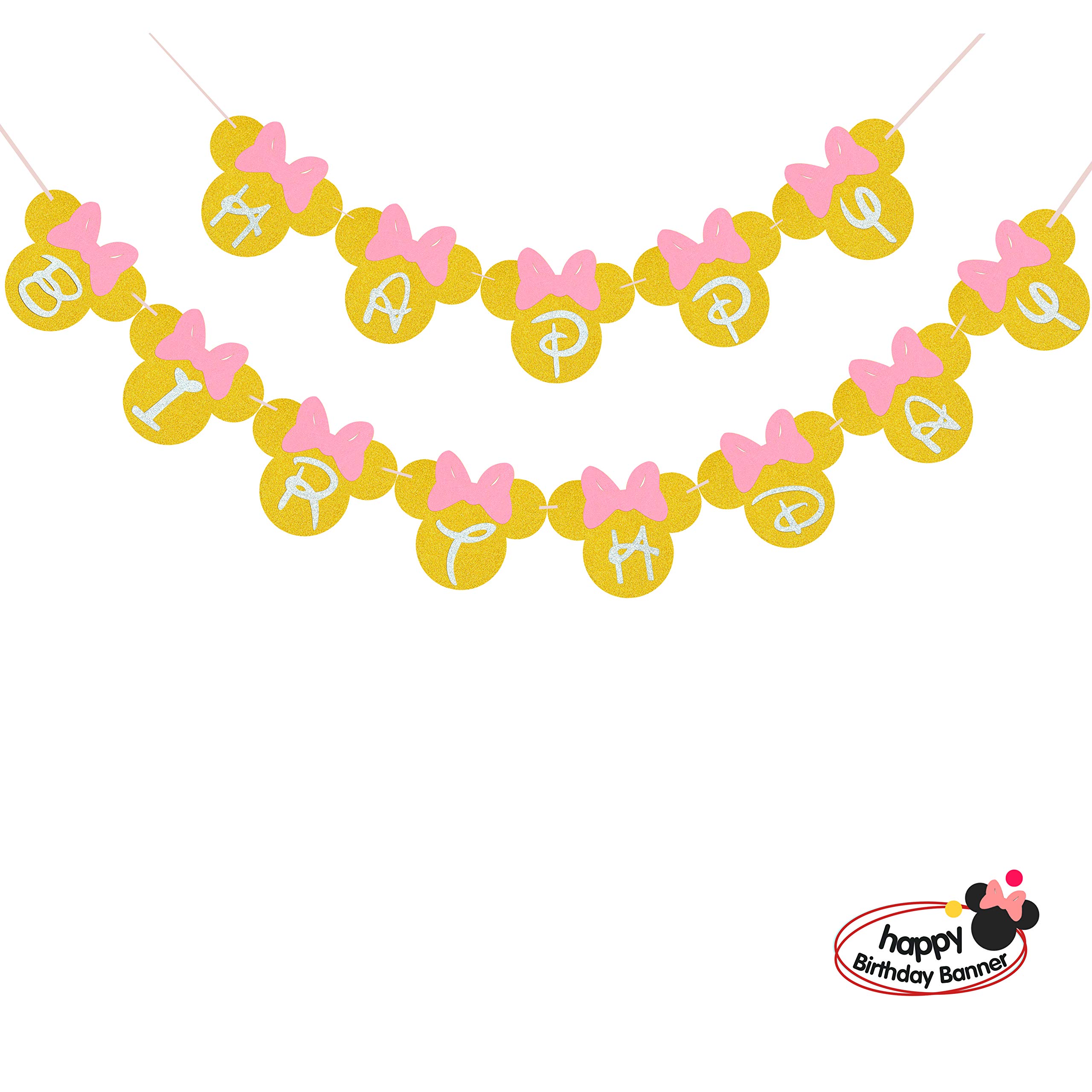 Pink and Gold Glitter Happy Birthday Banner - Minnie Mouse Themed Party Decorations for Girls Birthday Celebration | Perfect for Birthday Parties, Baby Showers & Special Events