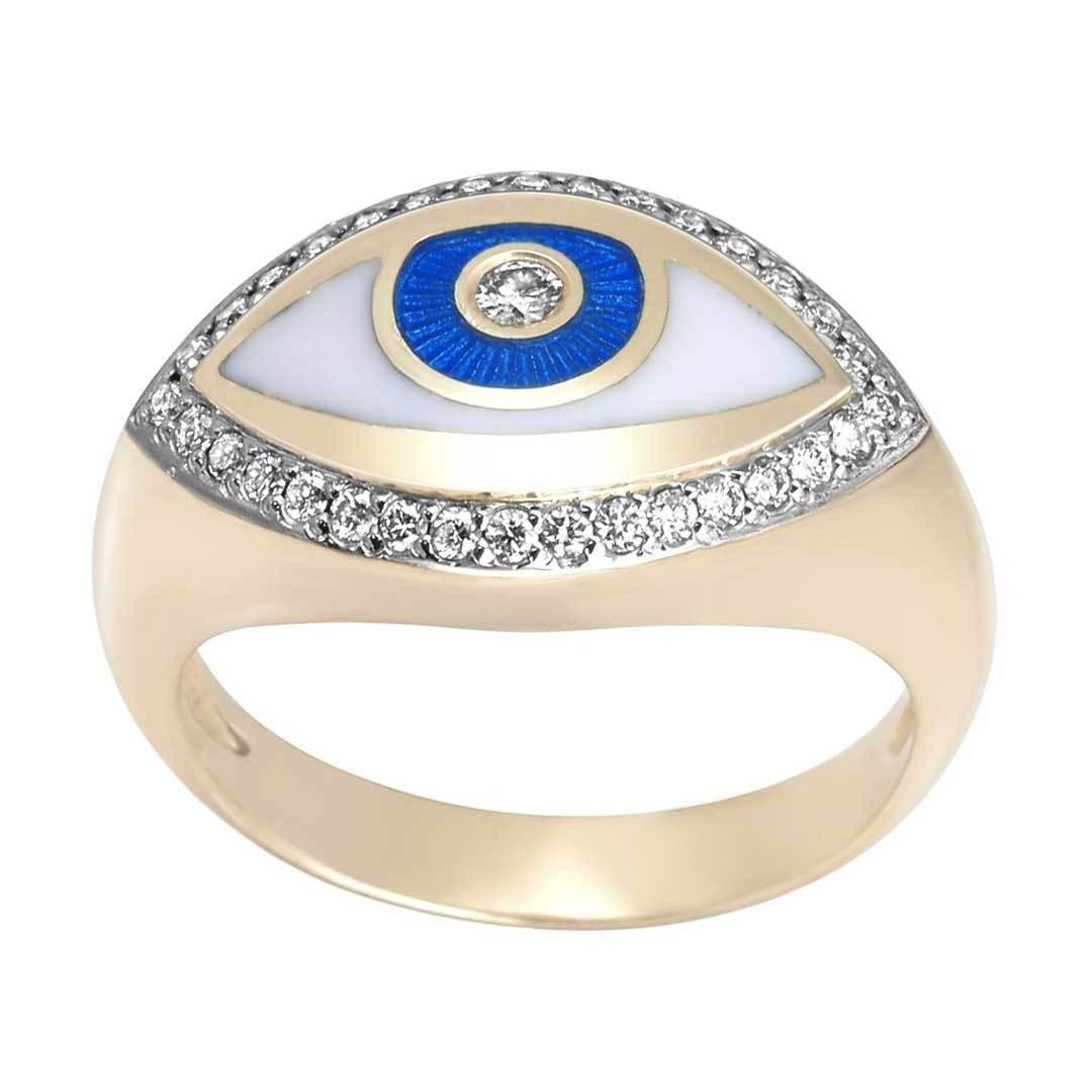 14K Yellow Gold Evil Eye Ring with 33 Diamonds & Enamel – Protection Jewelry for Women, Gift for Her, Birthday & Anniversary Present, Spiritual & Stylish Accessory