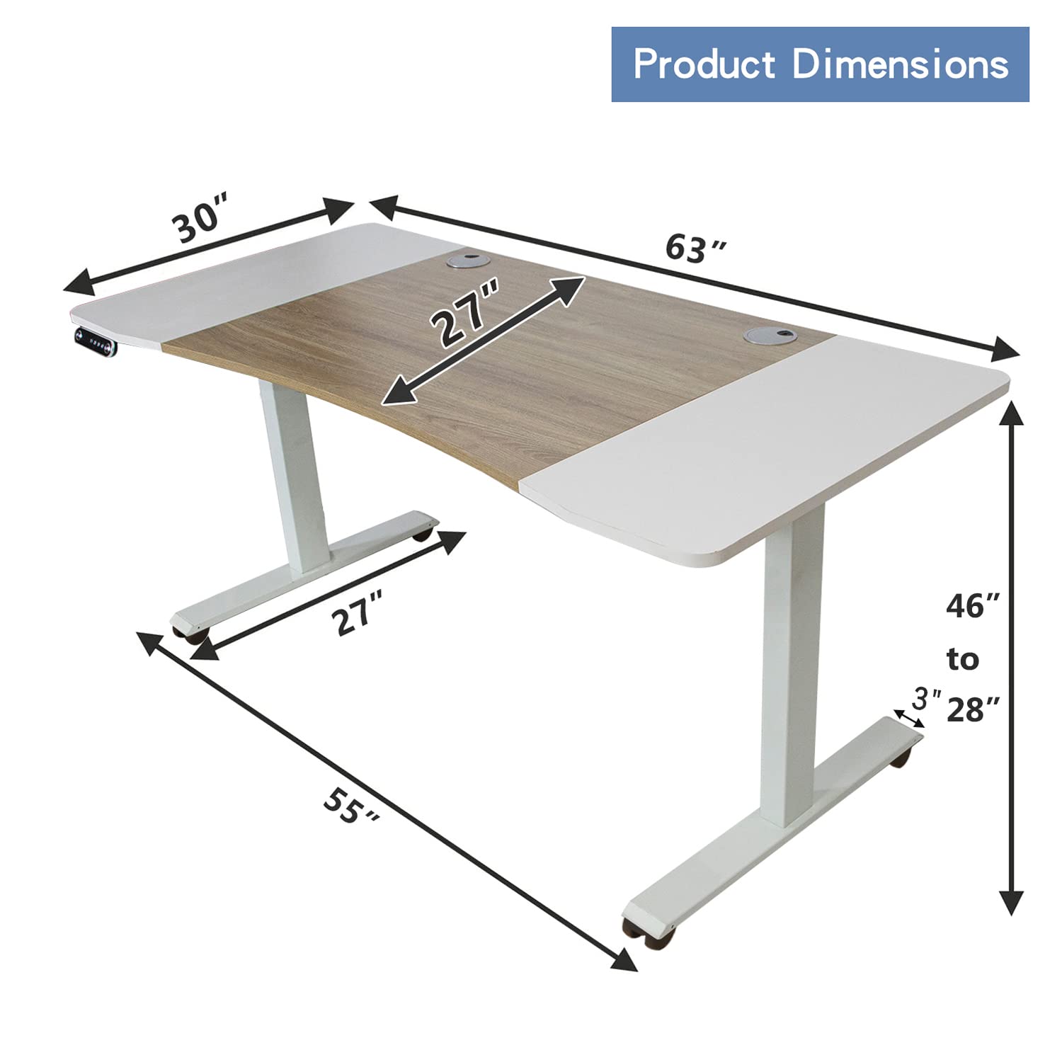 Dual Motor Electric Standing Desk - 63 x 30 Inch Adjustable Height Sit Stand Computer Desk with Splice Board, White Frame/Oak & White Top (Radian) - Perfect for Home Office, Gaming & Workspace Ergonomics