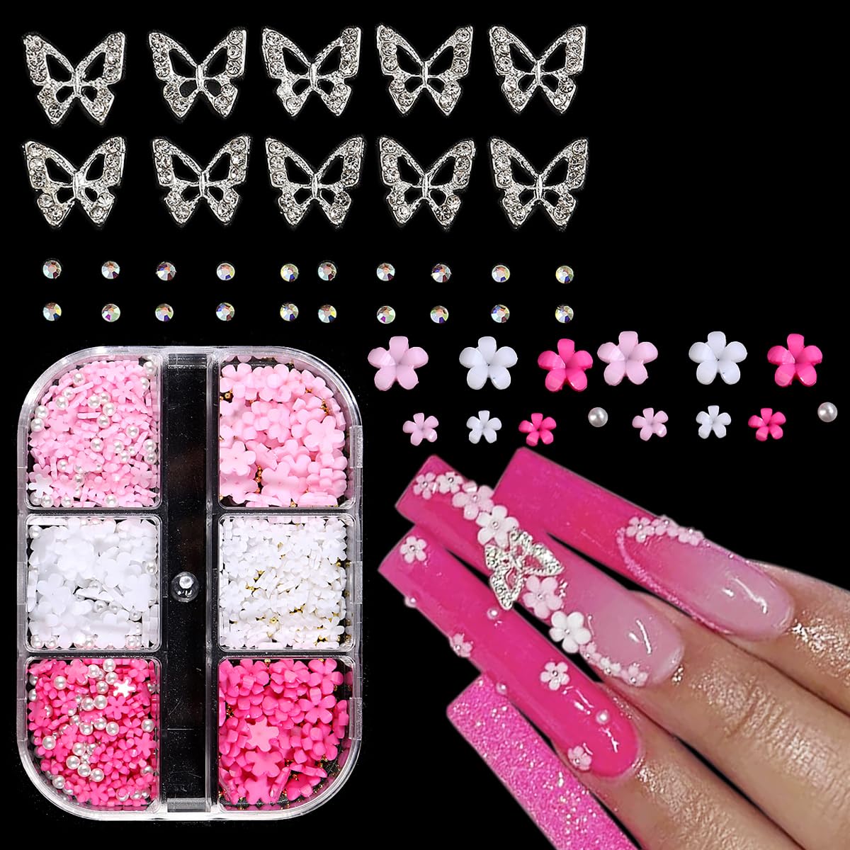 3D Flower Nail Charms Kit with Metal Butterflies & Acrylic Gems - Y2K Nail Art Decorations for DIY Manicure | Perfect for Party, Wedding, and Festival Nail Designs