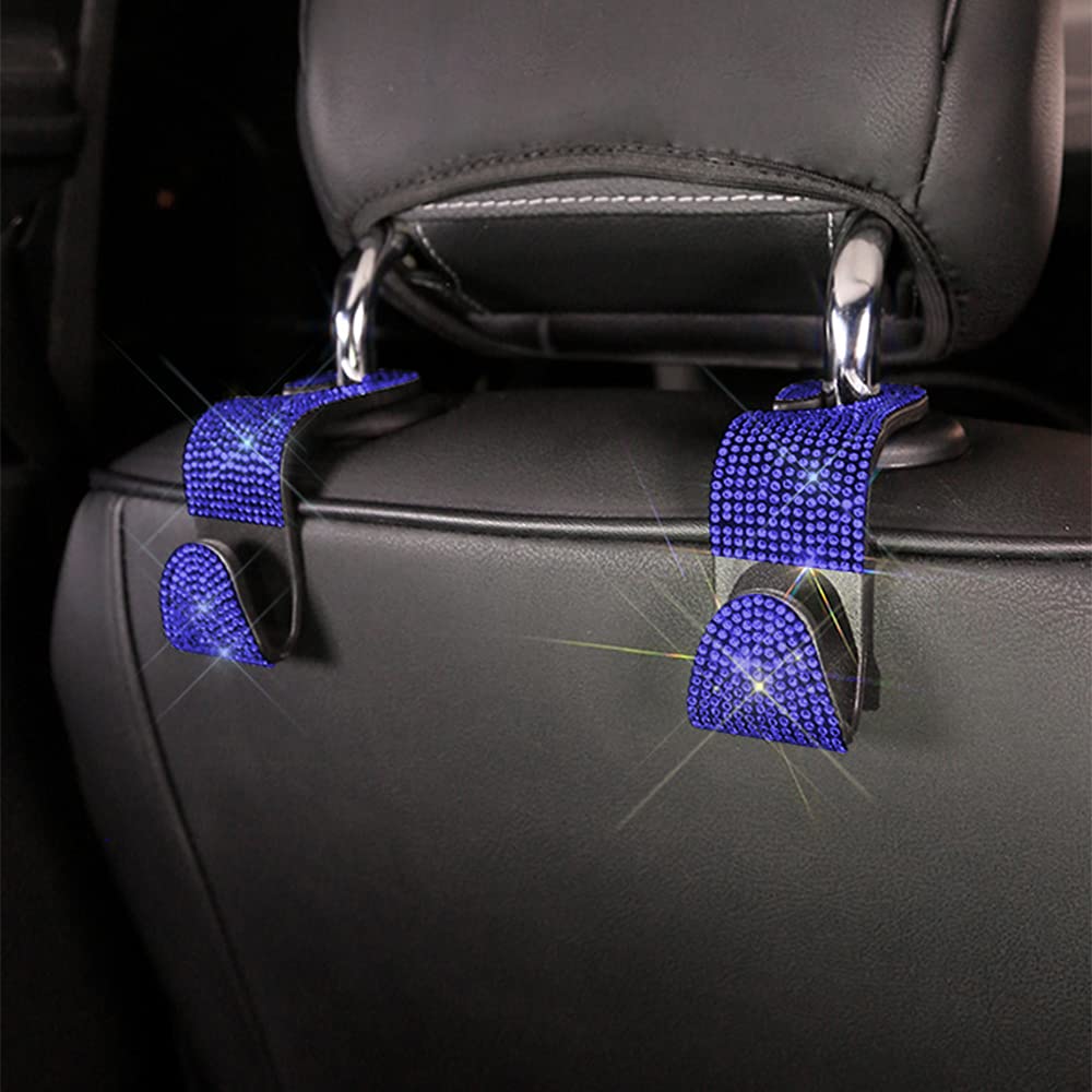 2PCS Car Seat Hanger Backseat Hook - Bling Crystal Diamond Auto Accessories for Women | Headrest Organizer for Purses, Bags & Shopping | Perfect Gift for Girls (Blue)
