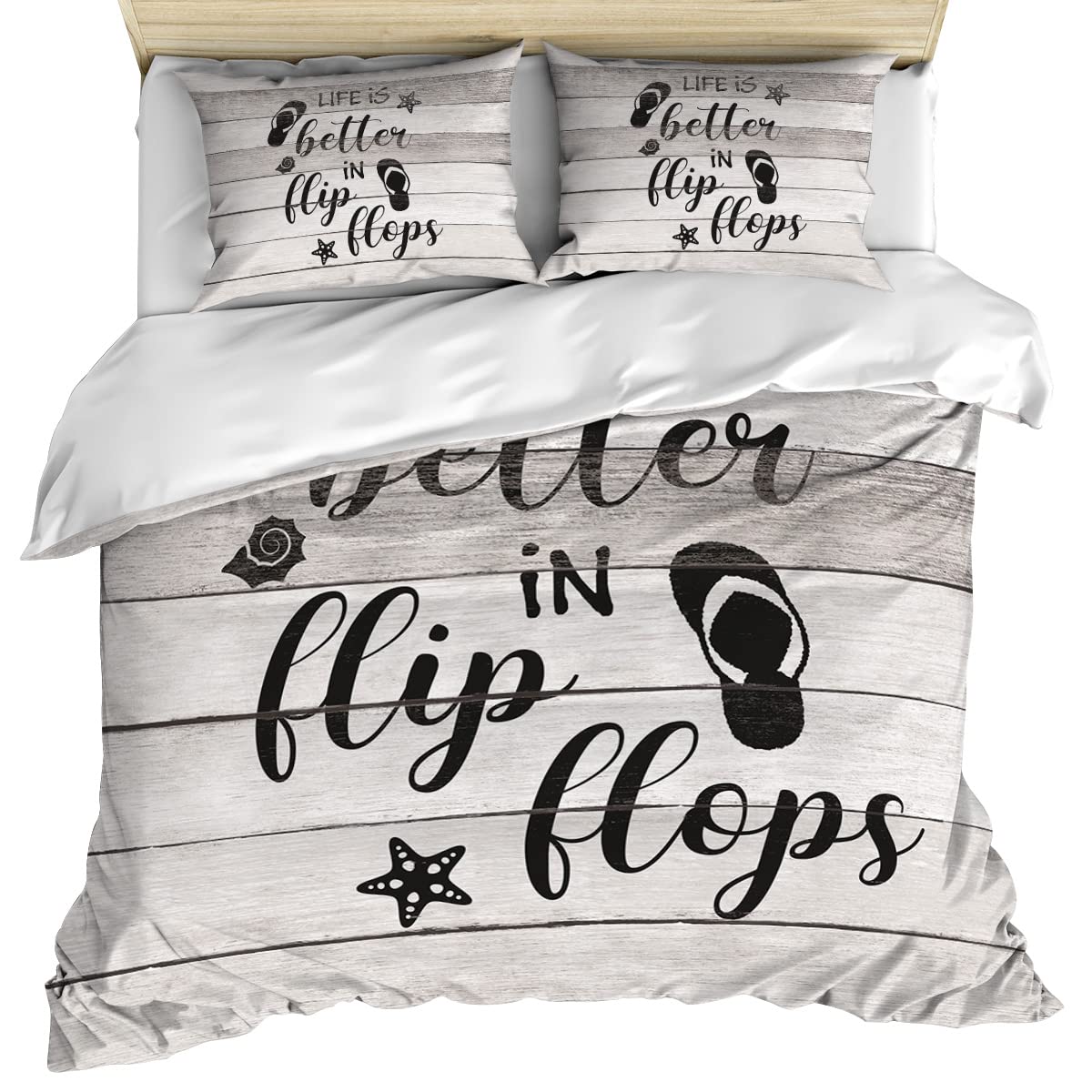 Life is Better in Flip Flops 3-Piece Queen Size Duvet Cover Set - Soft Microfiber Beach Wood Grain Print Bedding with Comforter & 2 Pillowcases | Perfect for Coastal Themed Bedrooms, Vacation Homes & Summer Decor