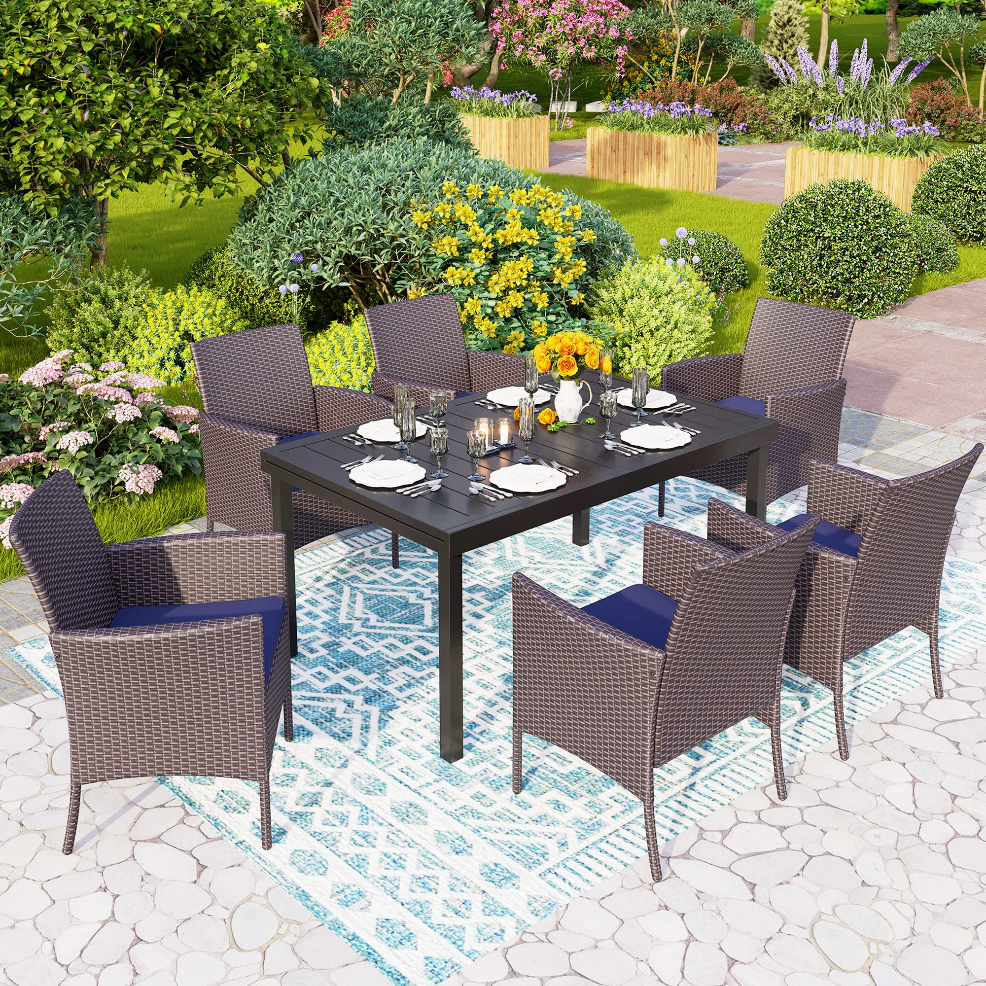 PHI VILLA 7-Piece Outdoor Dining Set for 6 - Expandable Rectangular Metal Table with Cushioned Rattan Chairs - Patio, Deck, Backyard Furniture for Outdoor Entertaining & Dining Al Fresco