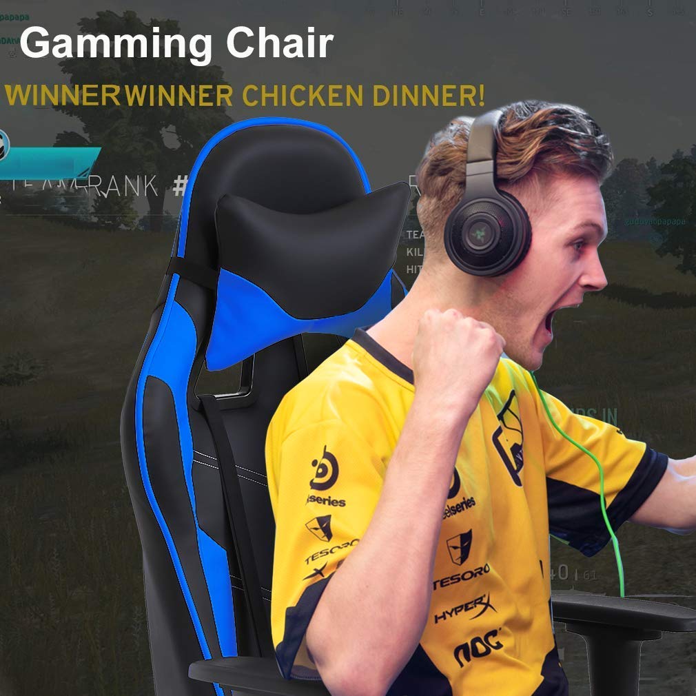 Ergonomic Blue Gaming Chair with Massage Function - Heavy Duty PC Racing Office Chair, Adjustable Lumbar Support, Headrest & Footrest - Perfect for Home Office, Video Gaming & Workstation Use