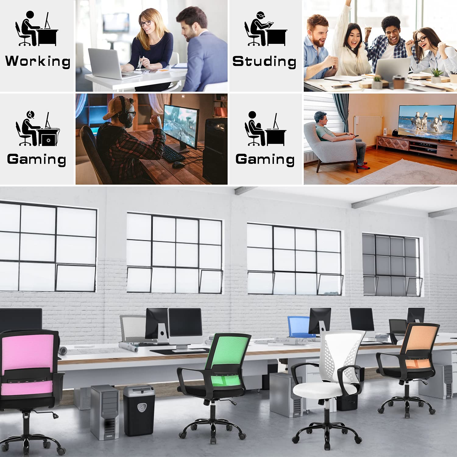 Ergonomic Office Chair with Lumbar Support - Adjustable Height Mesh Computer Desk Chair, Swivel Rolling Task Chair for Home Office & Gaming - Comfortable Mid Back Support & Armrests (White) - Perfect for Long Work Hours, Online Meetings, and Gaming Sessions