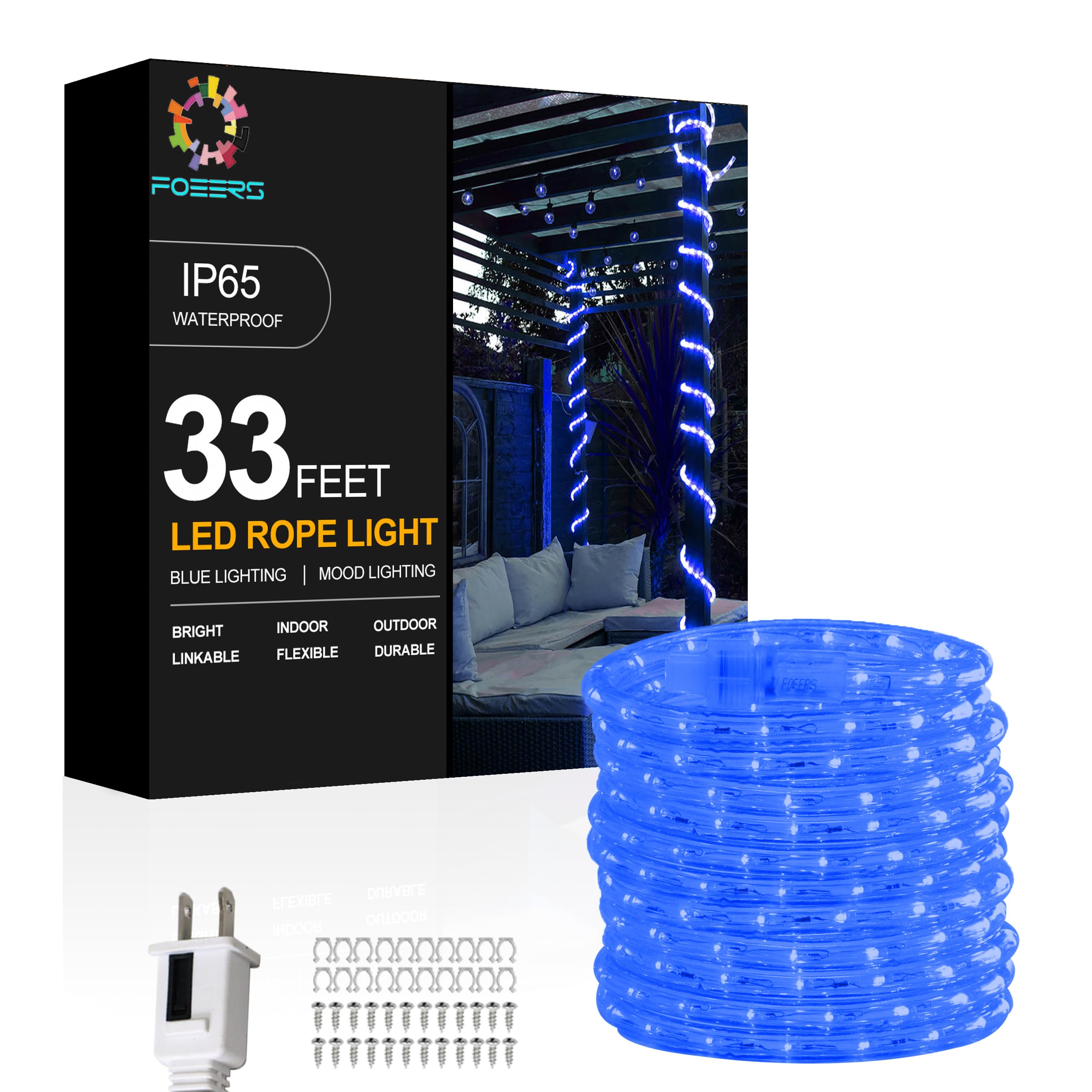 33FT 360 LED Rope Lights Outdoor Waterproof - 110V Connectable Blue String Lights with Clear PVC Jacket - Energy Efficient Decorative Lighting for Camping, Patio, Deck, Porch, Christmas, Garden & Party Decorations (Blue)