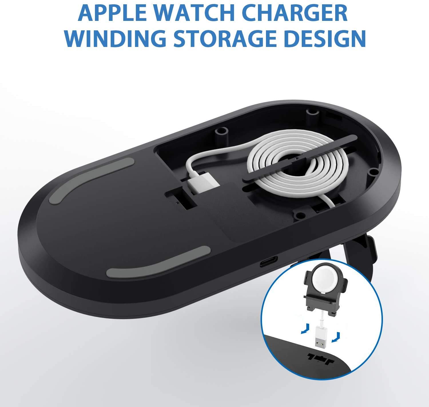 Seacosmo 3-in-1 Qi Certified Fast Wireless Charging Station - Compatible with iPhone 15/14/13, Samsung Galaxy S23/S22, AirPods 2/3 & Apple Watch (Cable Not Included) - Black | Bedside Nightstand Charger for Home & Office