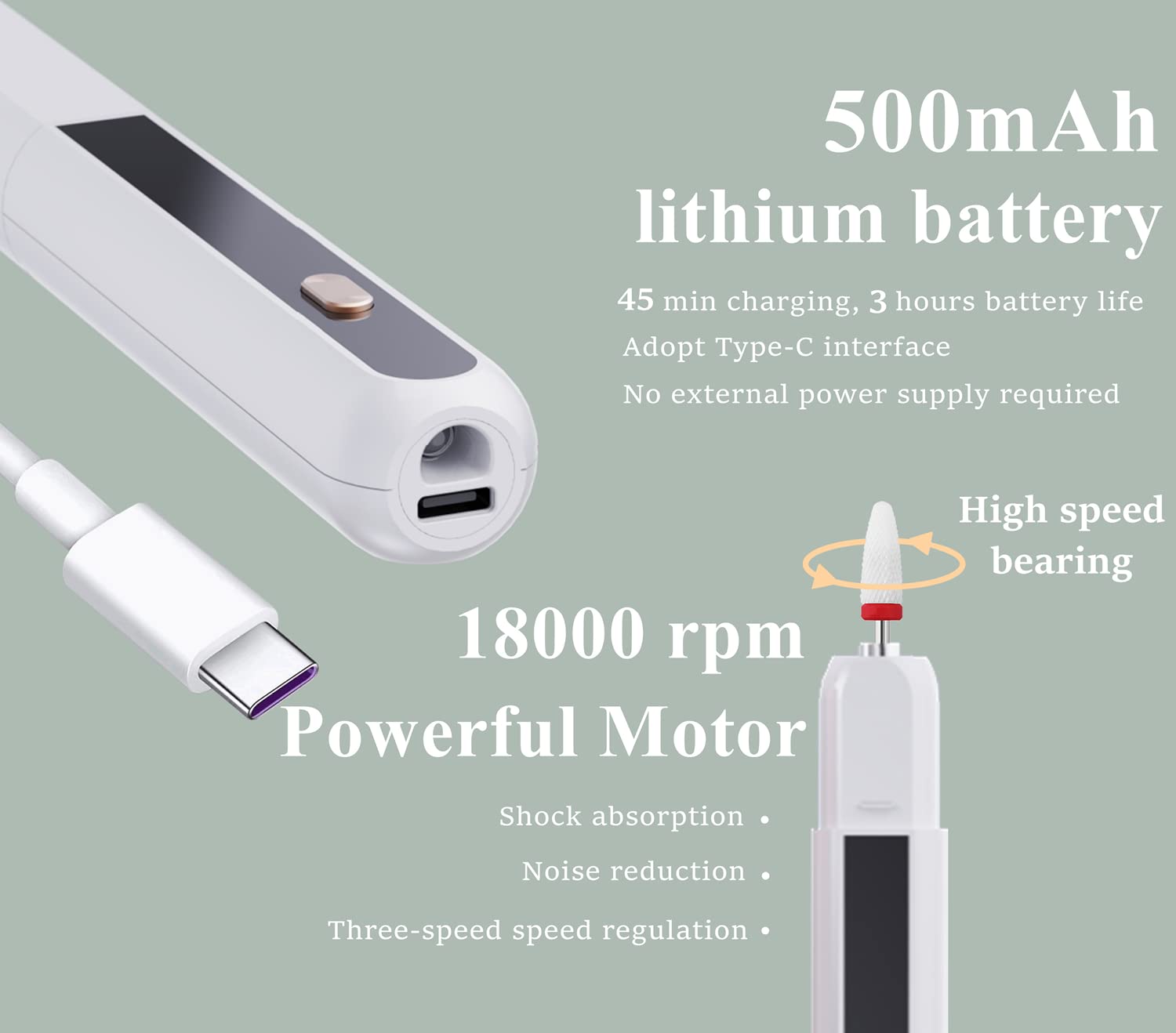 Professional Electric Nail File Kit - Wireless Portable Nail Drill with LED Drying Lamp, 3-Speed Adjustable & 6 Polishing Heads for Manicure Pedicure - Long Battery Life for Home Salon & Travel Nail Care (White)