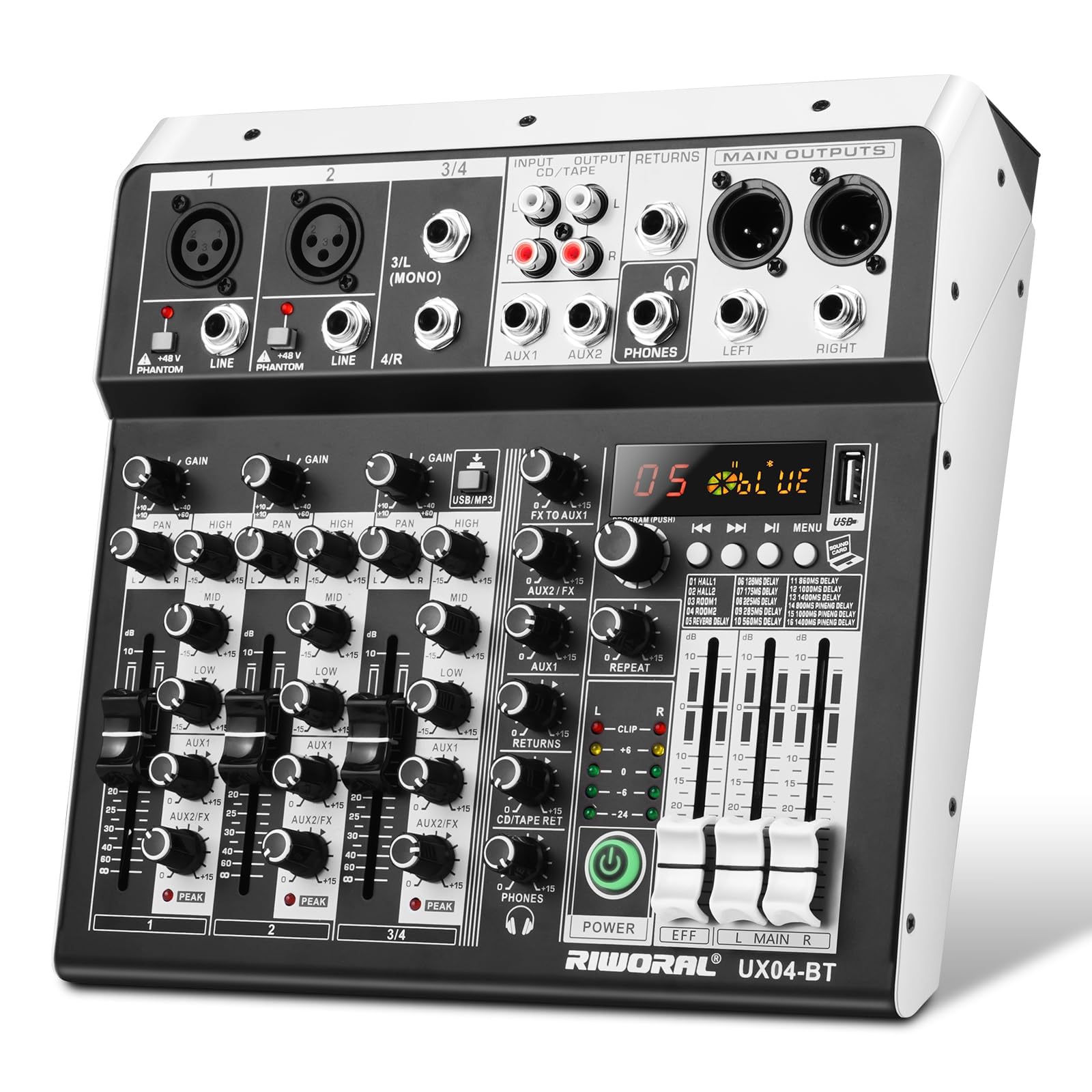 4 Channel USB Audio Mixer with 16-Bit DSP Effects, Bluetooth & +48V Phantom Power - Professional DJ Mixer Sound Board for Karaoke, Studio Recording, Live Streaming & Podcasting