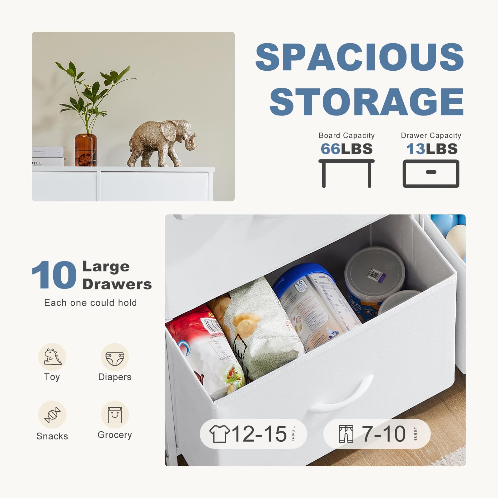 DUMOS 10-Drawer Dresser with Fabric Bins & Sturdy Metal Frame - Wood Tabletop Storage Tower for Bedroom, Kids Room, Closet, Nursery, Entryway - Grey & White | Perfect for Organizing Clothes, Toys, and Home Essentials