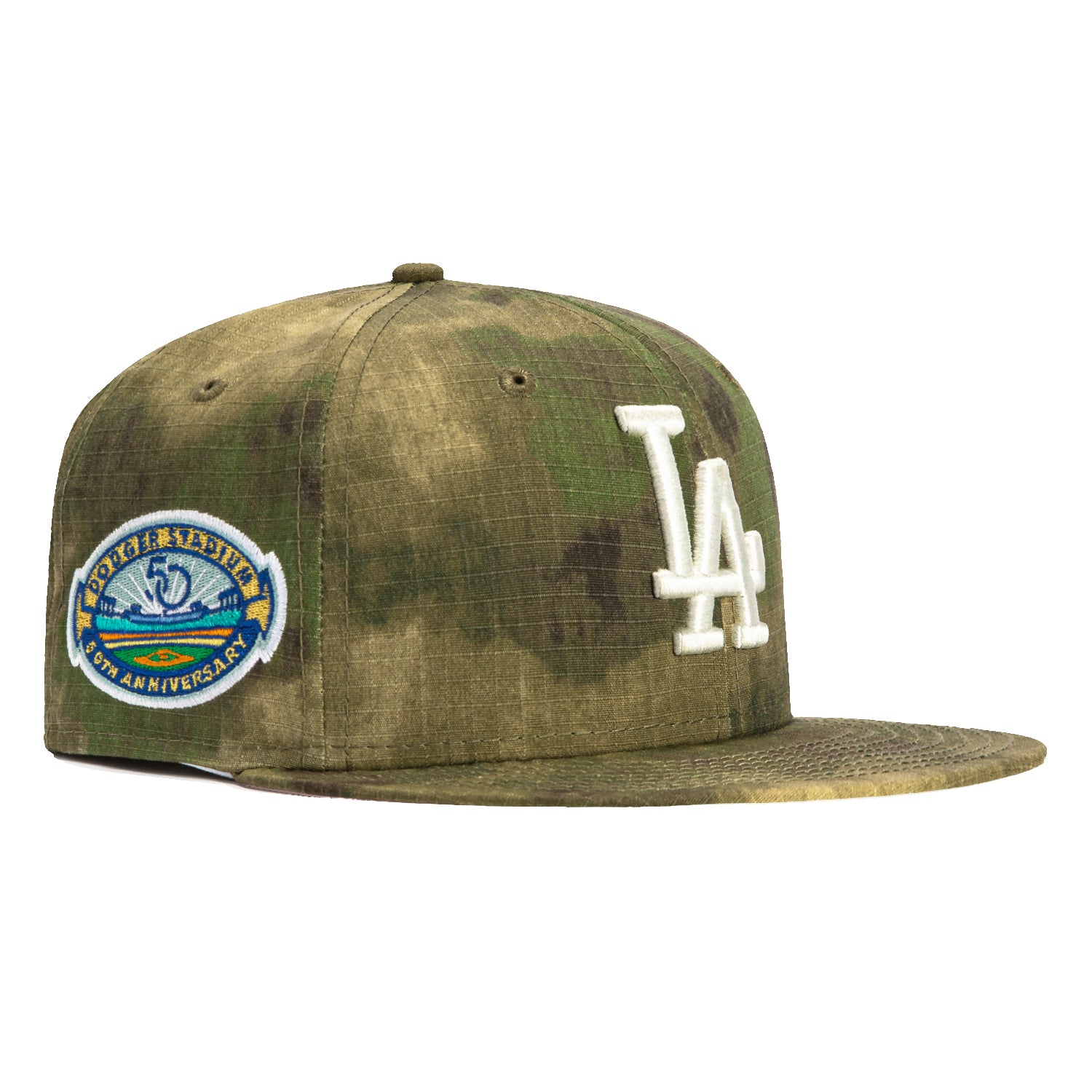 New Era 59Fifty Los Angeles Dodgers 50th Anniversary Camo Baseball Cap with Stadium Patch - Water Color Camouflage Design for Men's Fashion & Sports Fans