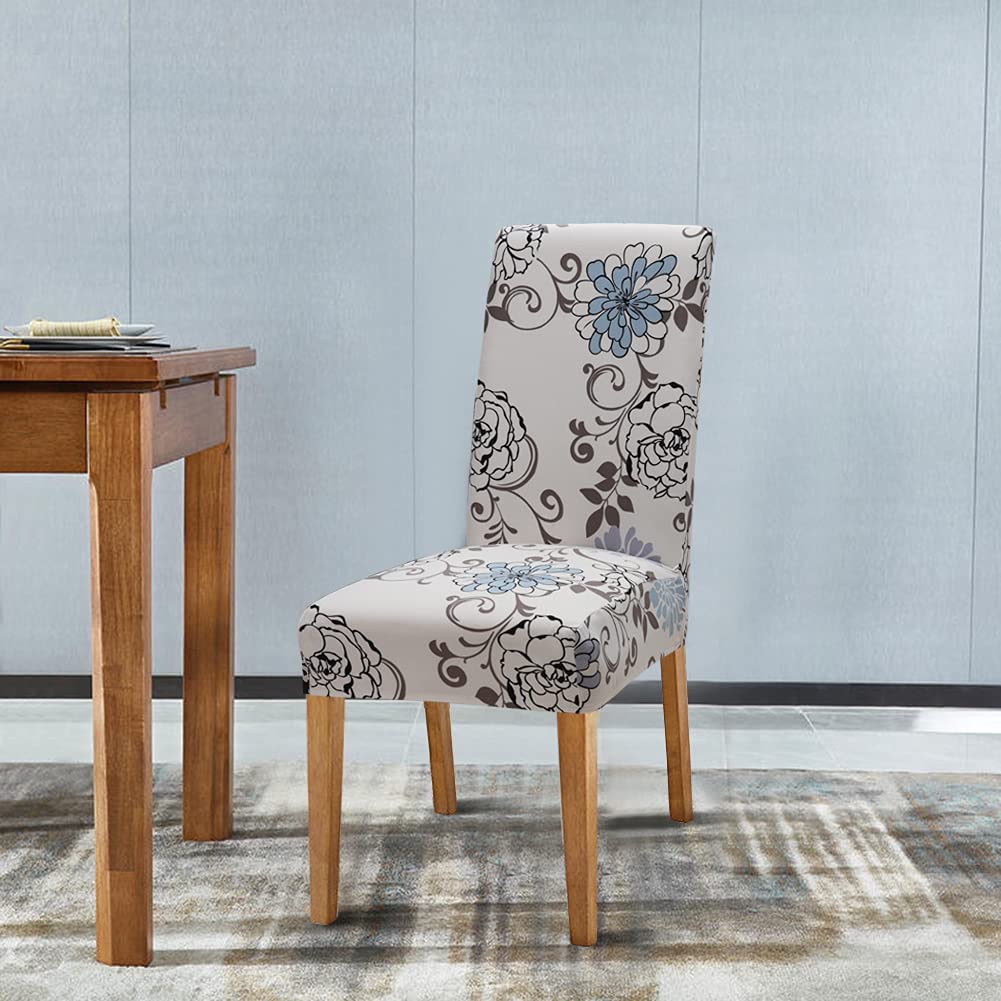 Stretch Spandex Dining Chair Covers - Washable & Removable Parson Chair Slipcovers for Kitchen, Dining Room & Office - Set of 6 (Beige/Blue) | Protect & Decorate Your Chairs with Easy-Clean Fabric Covers