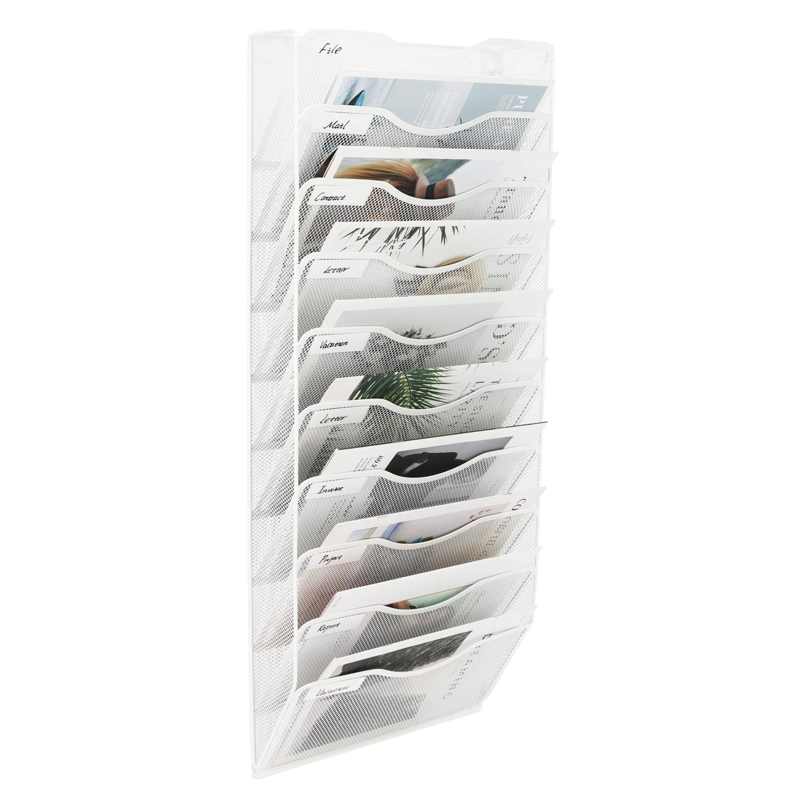 EasyPAG 10-Tier Mesh Wall File Holder - Letter-Sized Hanging Organizer for Office Documents, Magazines & Papers with Name Tag (White) - Perfect for Home Office, Classroom & Workspace Organization
