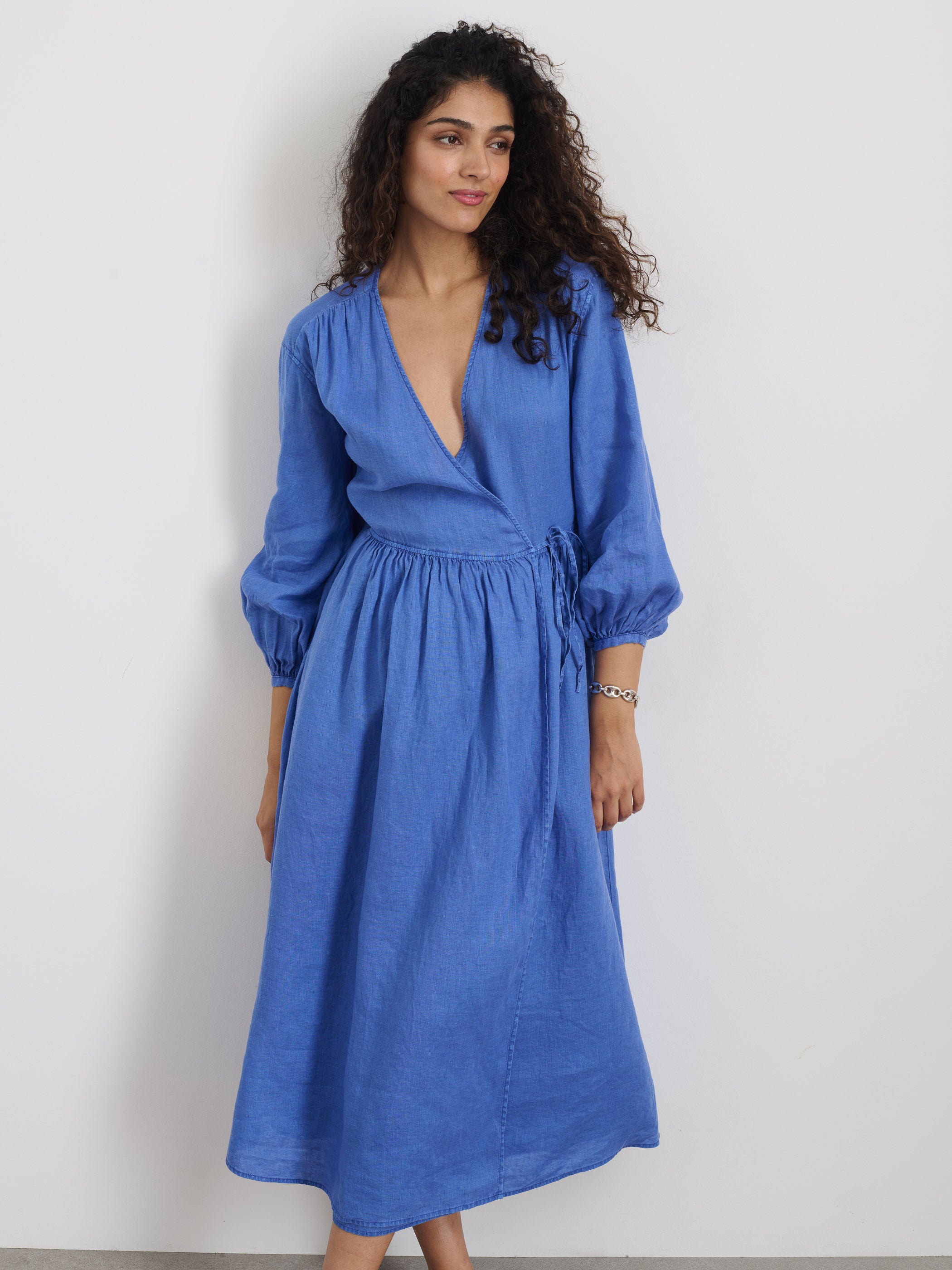 Lauren Wrap Dress In Linen - Women's Flowy Summer Dress with V-Neck & Belt - Perfect for Beach, Office & Date Night